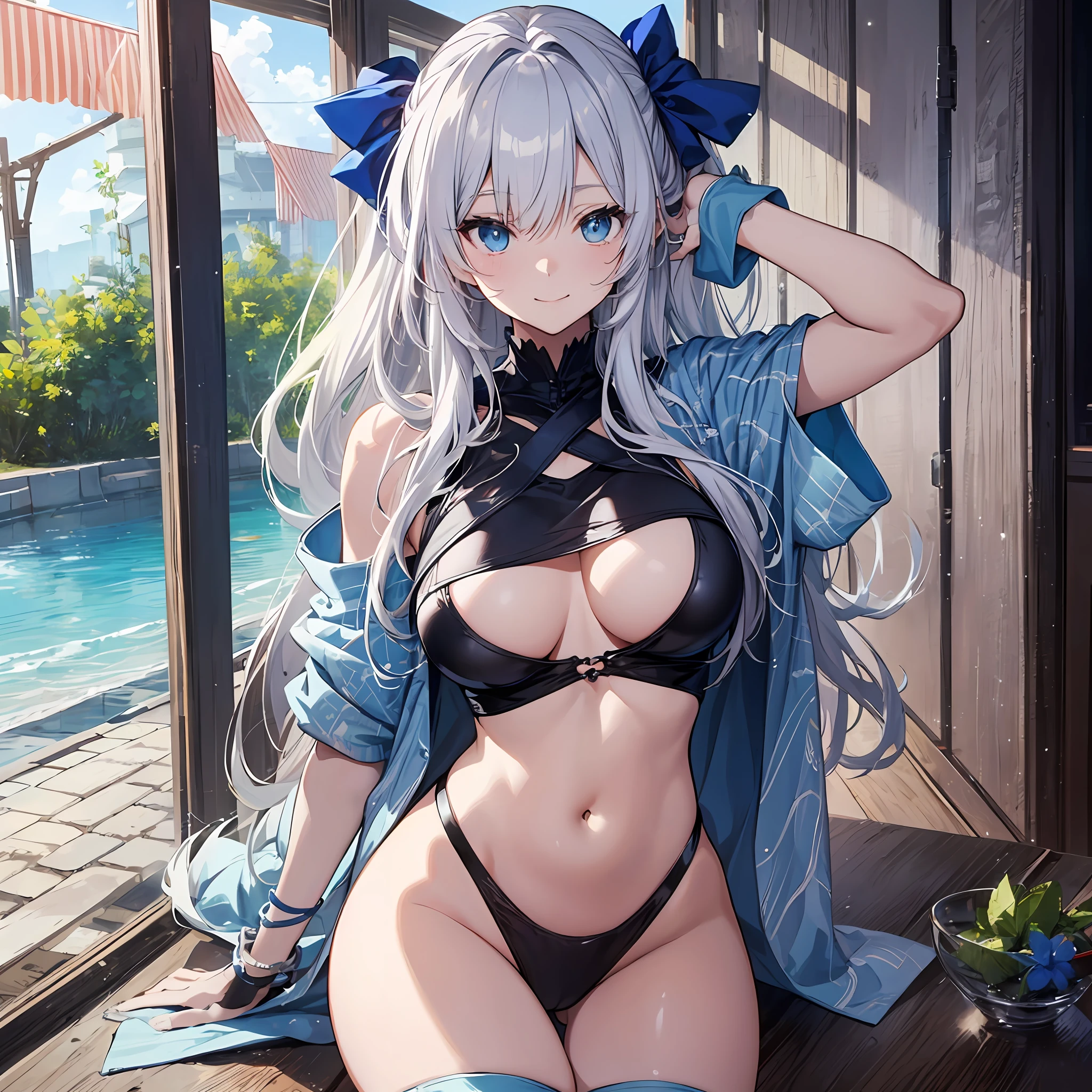 ((beste Quality、8K、Masterpiece))Anime characters with long gray hair and blue eyes、anime visual of a young woman、Today's featured anime stills、white haired deity、Official art、Anime visuals of cute girls、popular isekai anime、Tsuaii、Marisa Drizzle、Animated Movies、Still from TV anime、Different world、hestia、albedo from the anime overlord　transparency　１６Age　No ears　Short pants　a sea　Luxury blue swimsuit　Blue eyes　Blue ribbon　smile on face