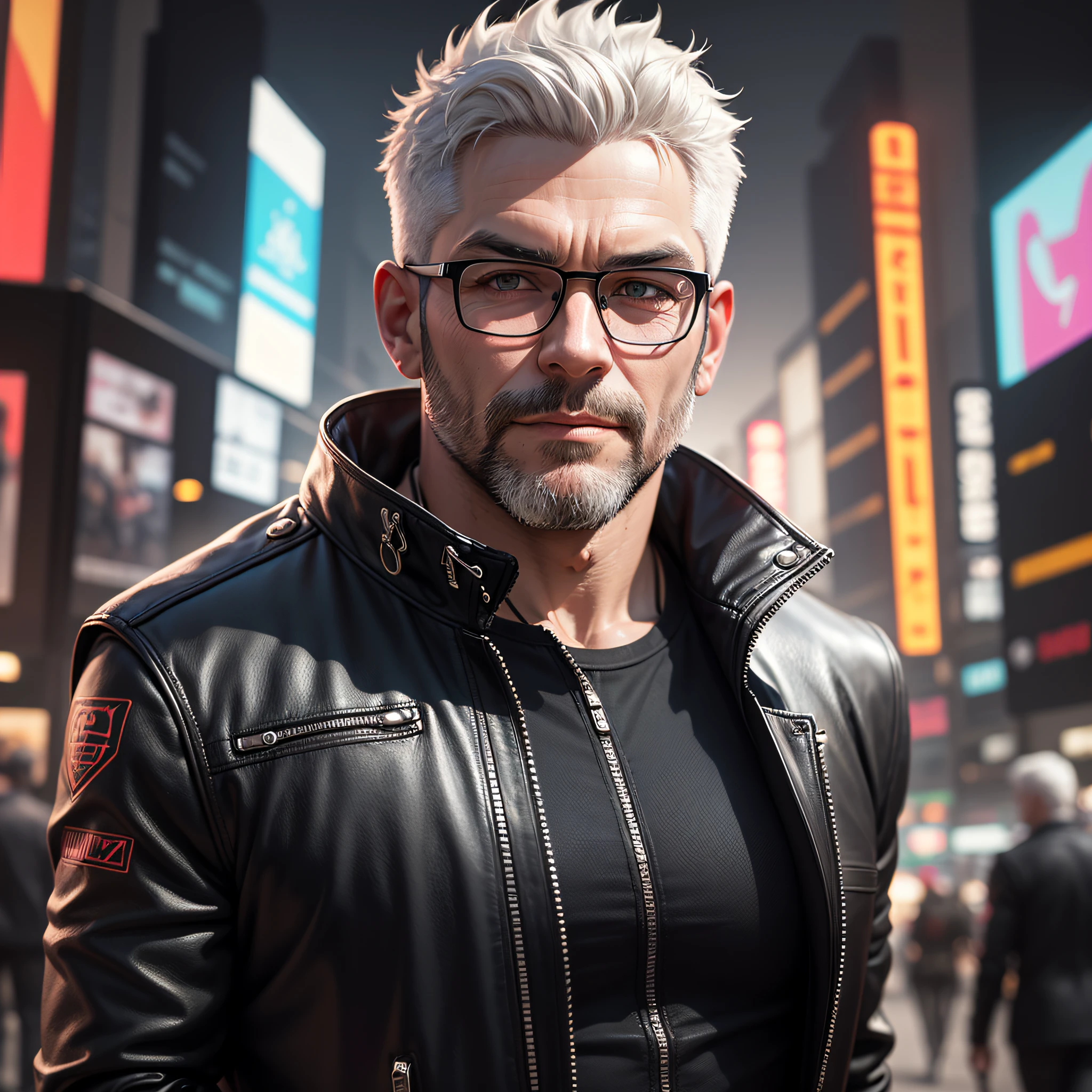 Realistic portrait, perfect coloring, vivid and real colors, a robust 40-year-old man with short white hair, wearing round glasses cyberpunk style and wearing black leather jacket with silver details, futuristic and beautiful style, perfect, muscular man, burly, with short white beard --auto