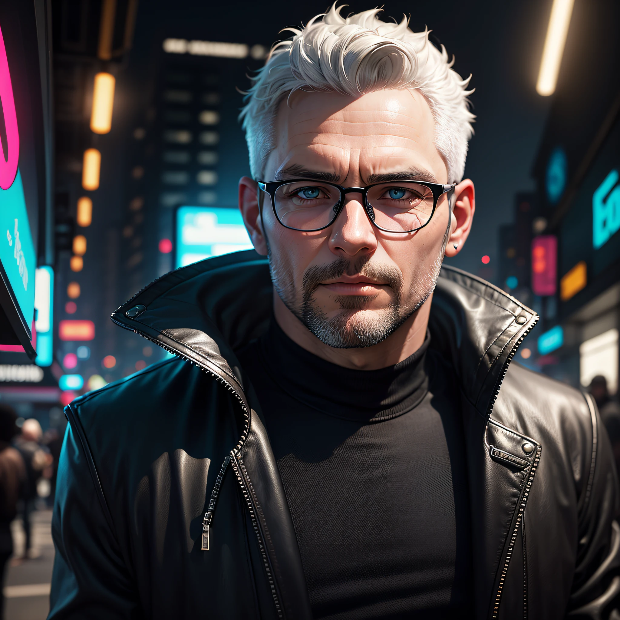 Realistic portrait, perfect coloring, vivid and real colors, a robust 40-year-old man with short white hair, wearing round cyberpunk style glasses and wearing black leather jacket with silver details, futuristic and gorgeous style, perfect --auto