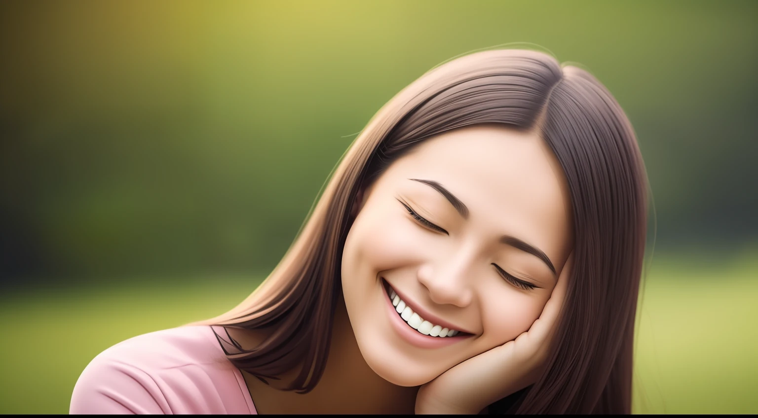"High quality image of a smiling person with closed eyes, expressing gratitude and happiness. A imagem deve ser em formato 16:9 and present a high level of detail, with vibrant colors and good lighting. If possible, The image should convey the feeling of peace and tranquility, Reinforcing the idea of positive thinking.” --auto