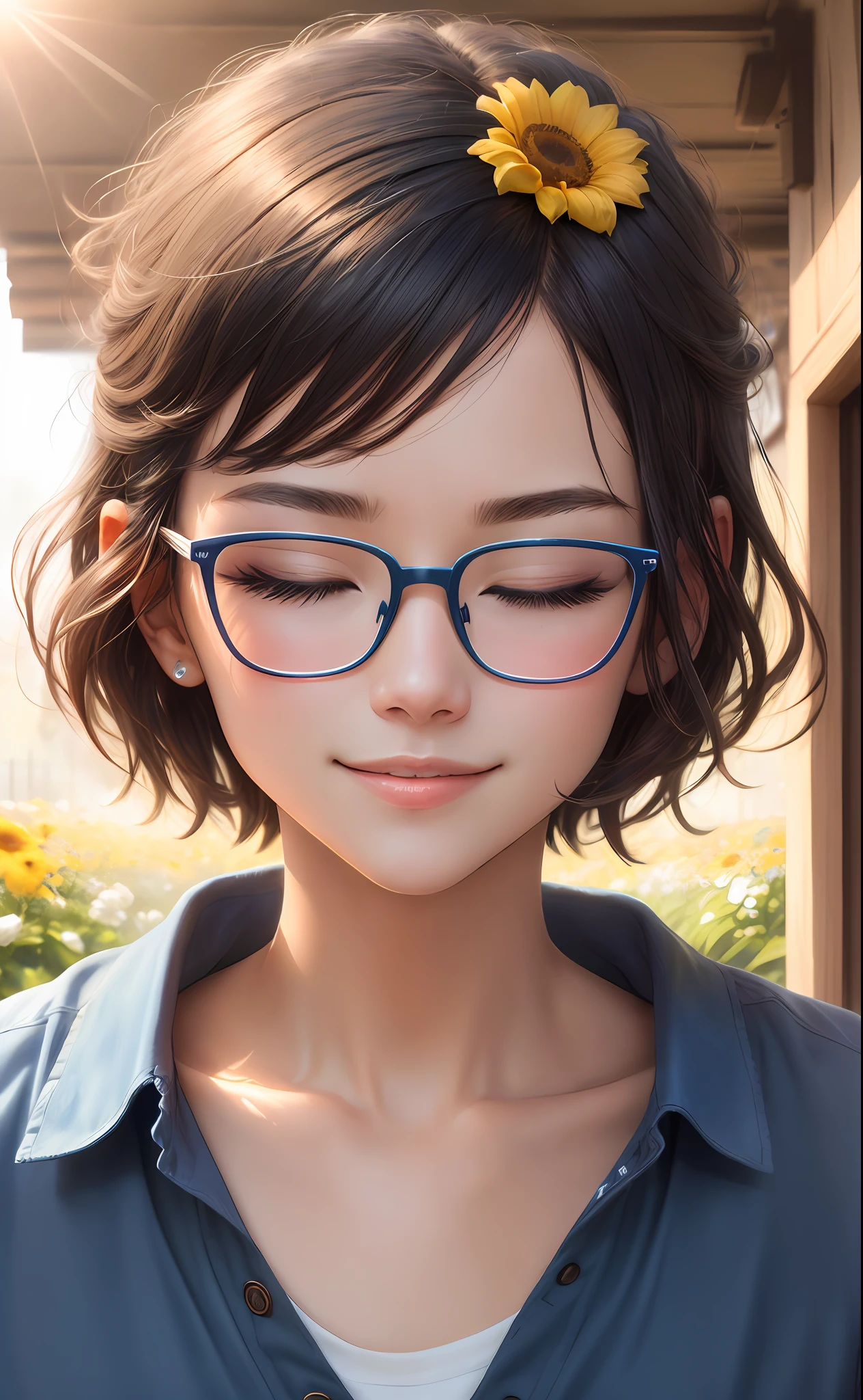 (Highresolution,High illumination,4K),Blue-framed glasses,Long face,1boys,the face,Detailed face,blueeyes,Flower Garden,Very short hair,He has a butterfly on his head,close up face,The sun at noon,Smileing,:),looking at viewers,Close range - intensity,Blue shirt,Eyes half-closed,