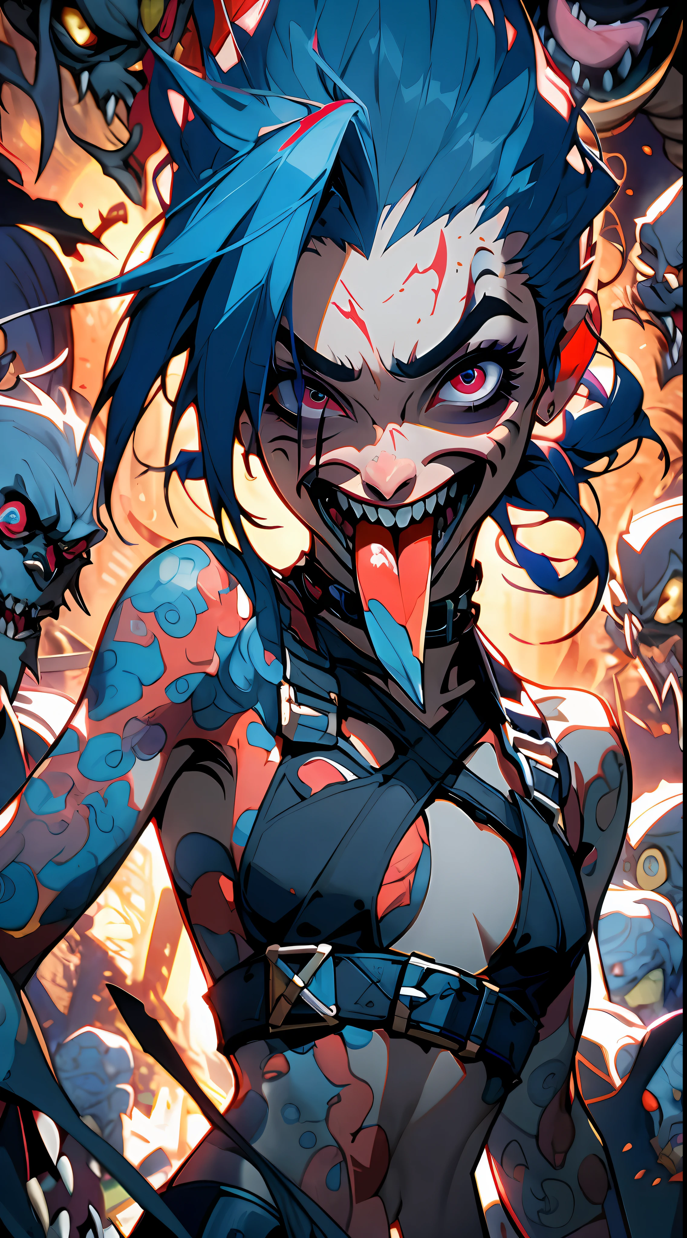 ((Best Quality)), ((Masterpiece)), (Detail: 1.4), (Ridiculous),, Niji --V5.2, Face Detailed, Unbeatable Masterpiece, 8k, Perfect Artwork, Close to Real, Psychopath, Crazy Face, Full Body, Surrounded by Devils, Night, Japan, One Hand Up, Jinx, 1 Girl, Small Tits, (Crazy Smile)