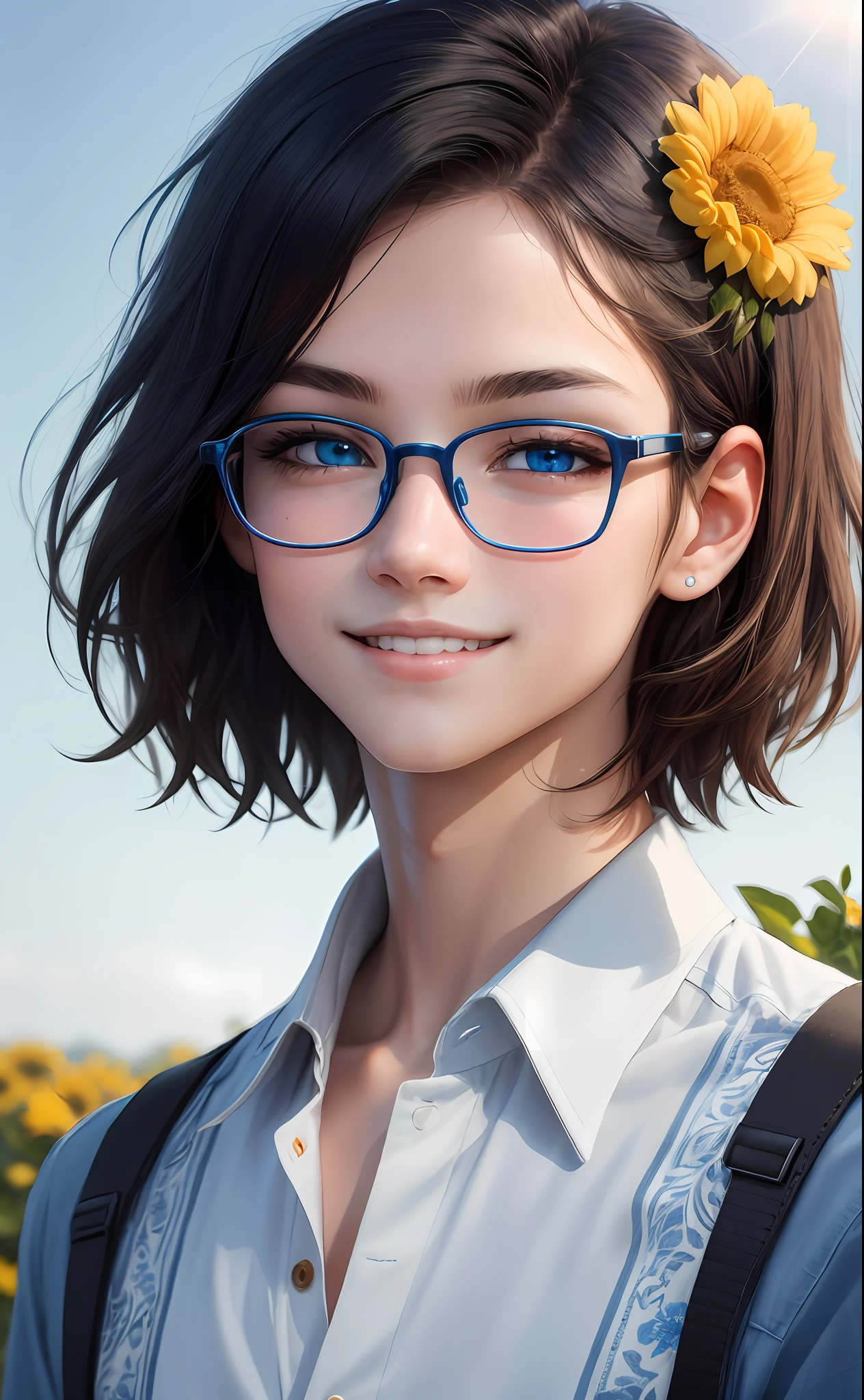 (Highresolution,High illumination,4K),Blue-framed glasses,Long face,The boy,the face,Detailed face,blueeyes,Flower Garden,Very short hair,He has a butterfly on his head,close up face,The sun at noon,Smileing,:),looking at viewers,Close range - intensity,Blue shirt,Eyes half-closed,