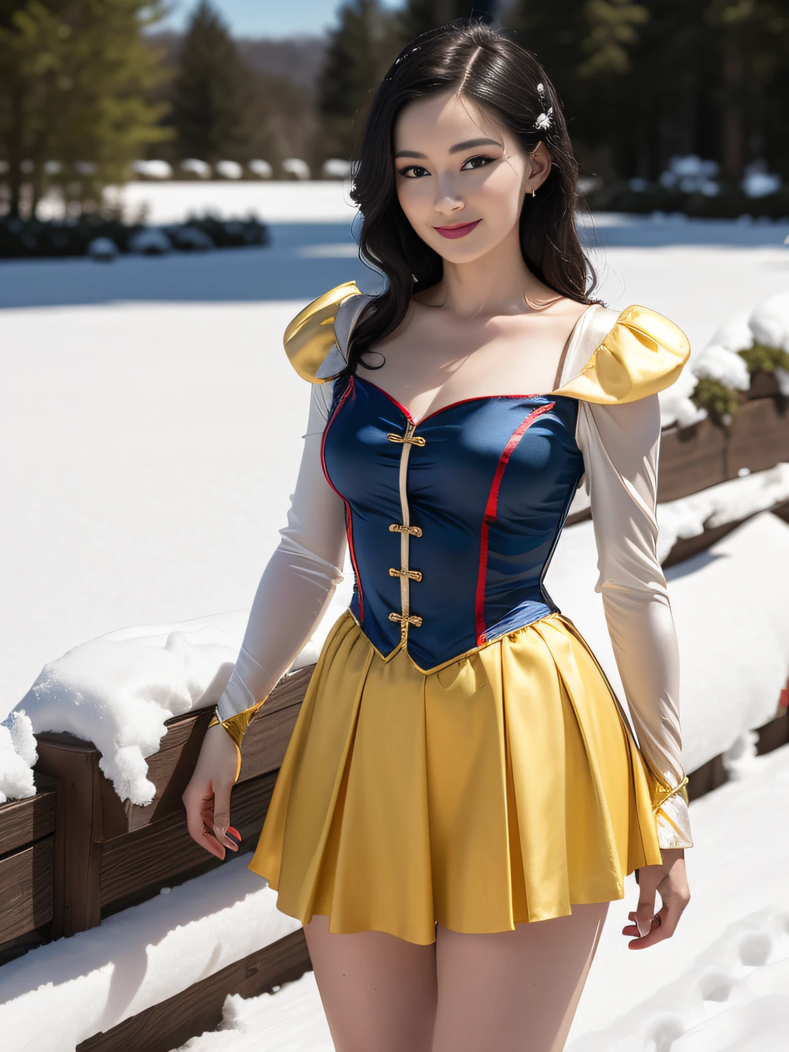(realistic:1.4), best quality, ultra high res,
4k, instagram,
higly detailed,
1 girl,
(Snow white costume:1.5),
(((((Silk)))))
smile, short silk yellow skirt, silk blue corset