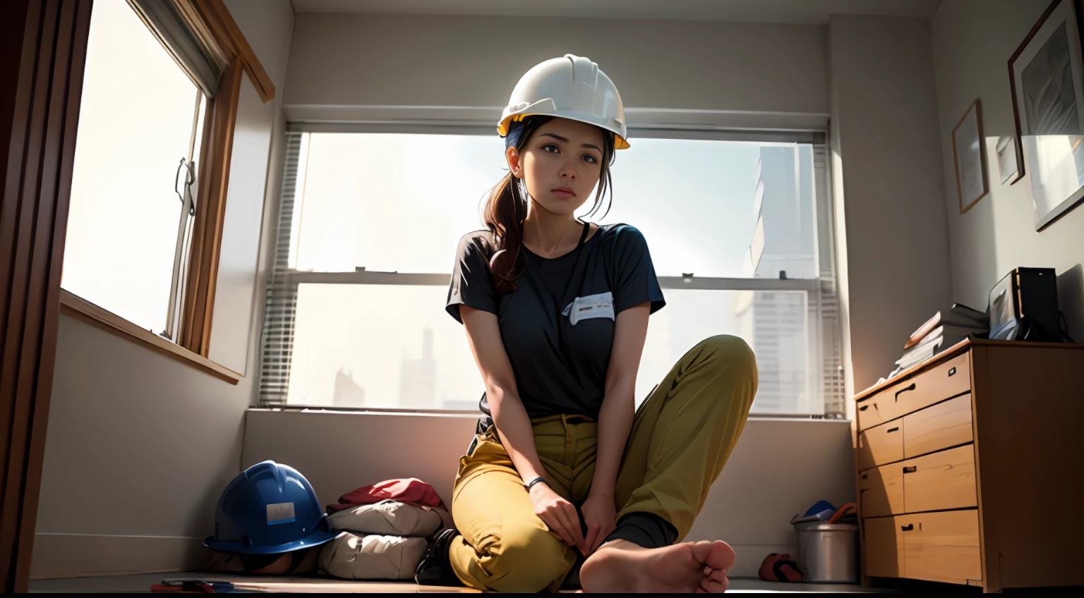A female construction worker,Labor protection service,helmet,Single leg raised,Rub your feet,long trousers,early evening,dorm room,In front of the window,Anguished look --auto