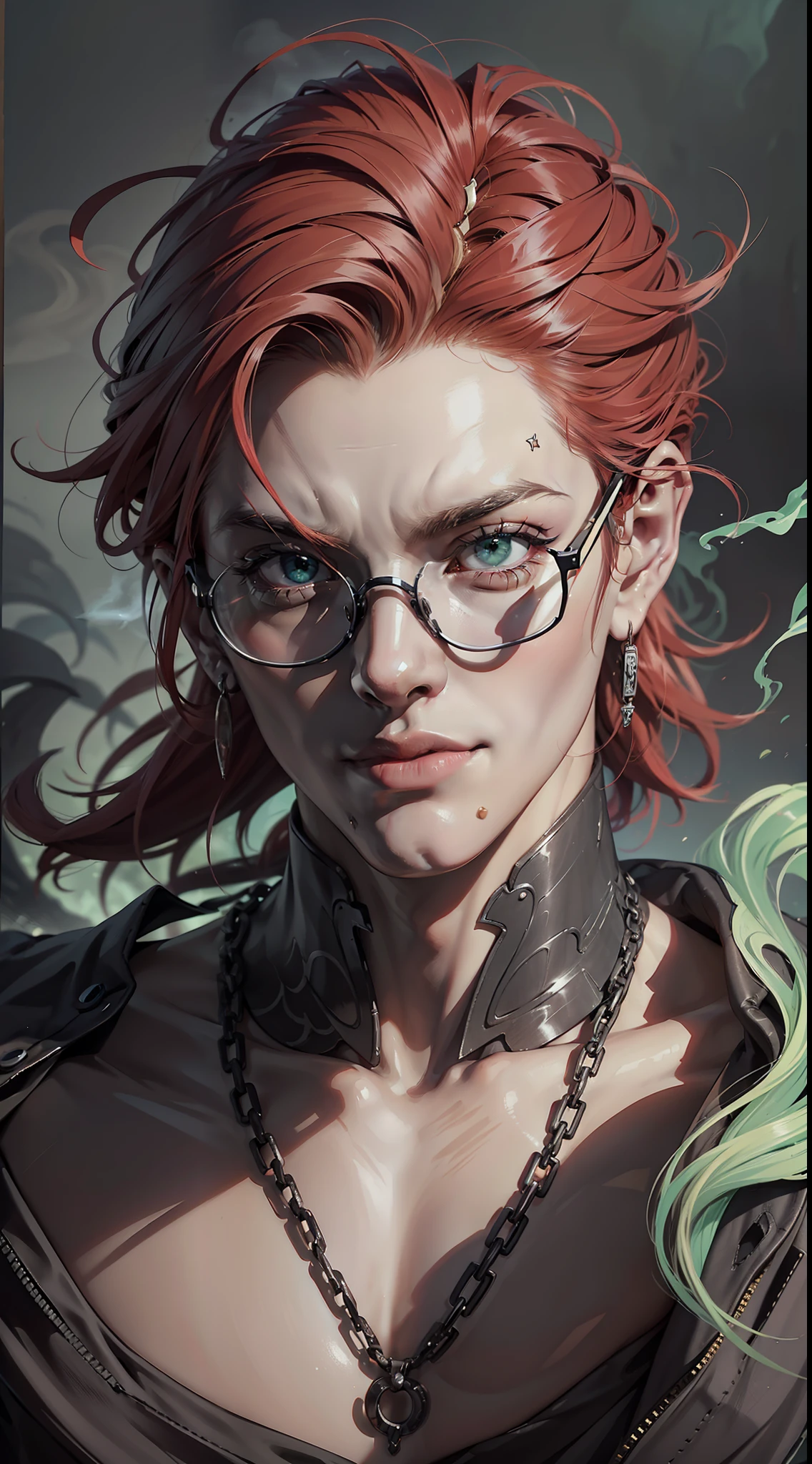 (Very detailed 8K wallpapers), The middle ground of a terrifying necromancer,a drawing of a man with a red hair and glasses on his face and a hand in the air, Baiōken Eishun, manga and anime 1 9 9 9, a manga drawing, remodernism, ominous shadows, green smoke, intricated, high detial, dramatic