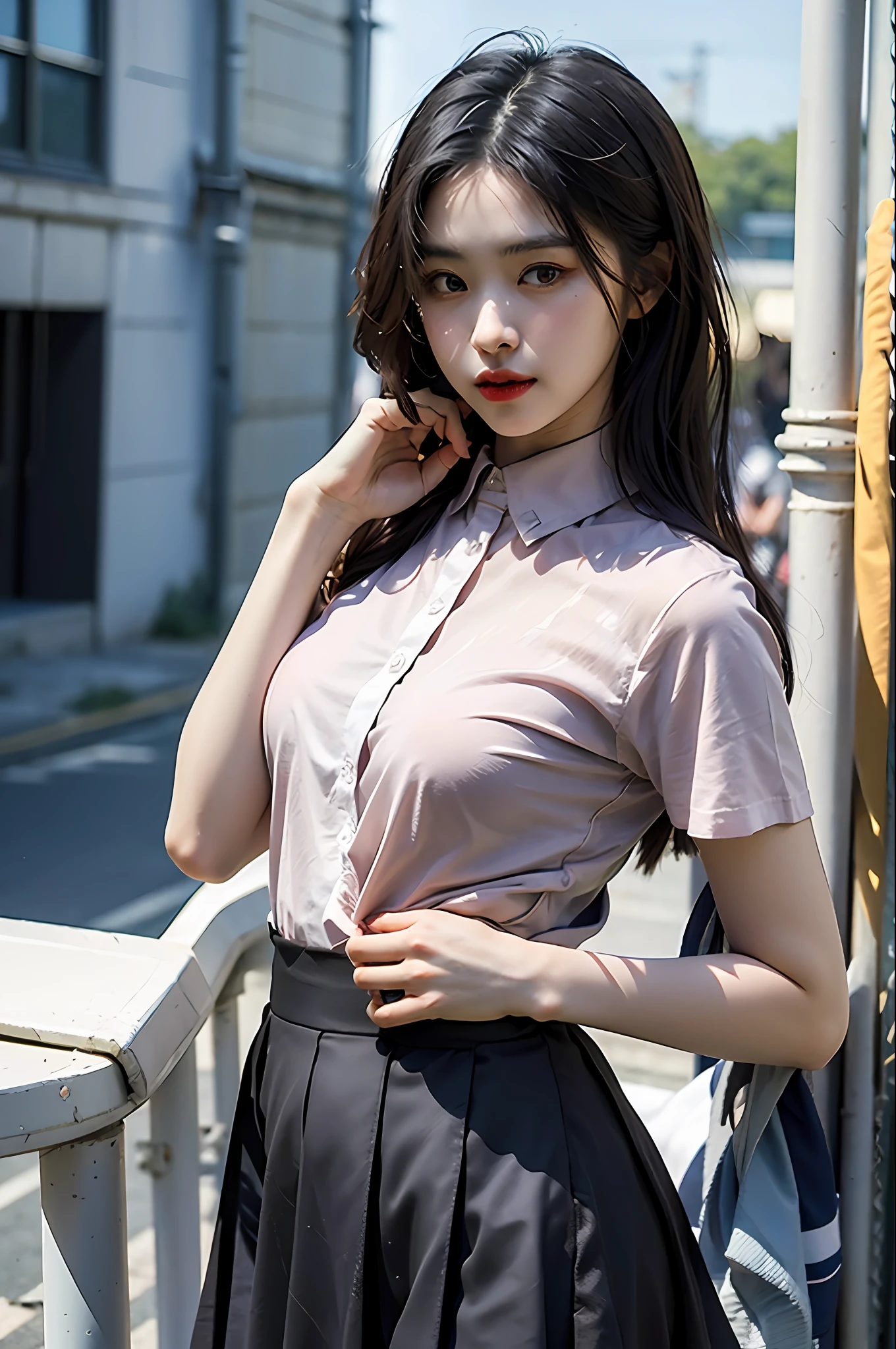 (1girl:1.3),(solo:1.4),(half body:1.3),delicate, masterpiece, best shadow,(photorealistic:1.3),__collared_shirt and flared_skirt as material__,__outdoor__, makeup, warm tone, soft light,narrow waist, (flat breast)