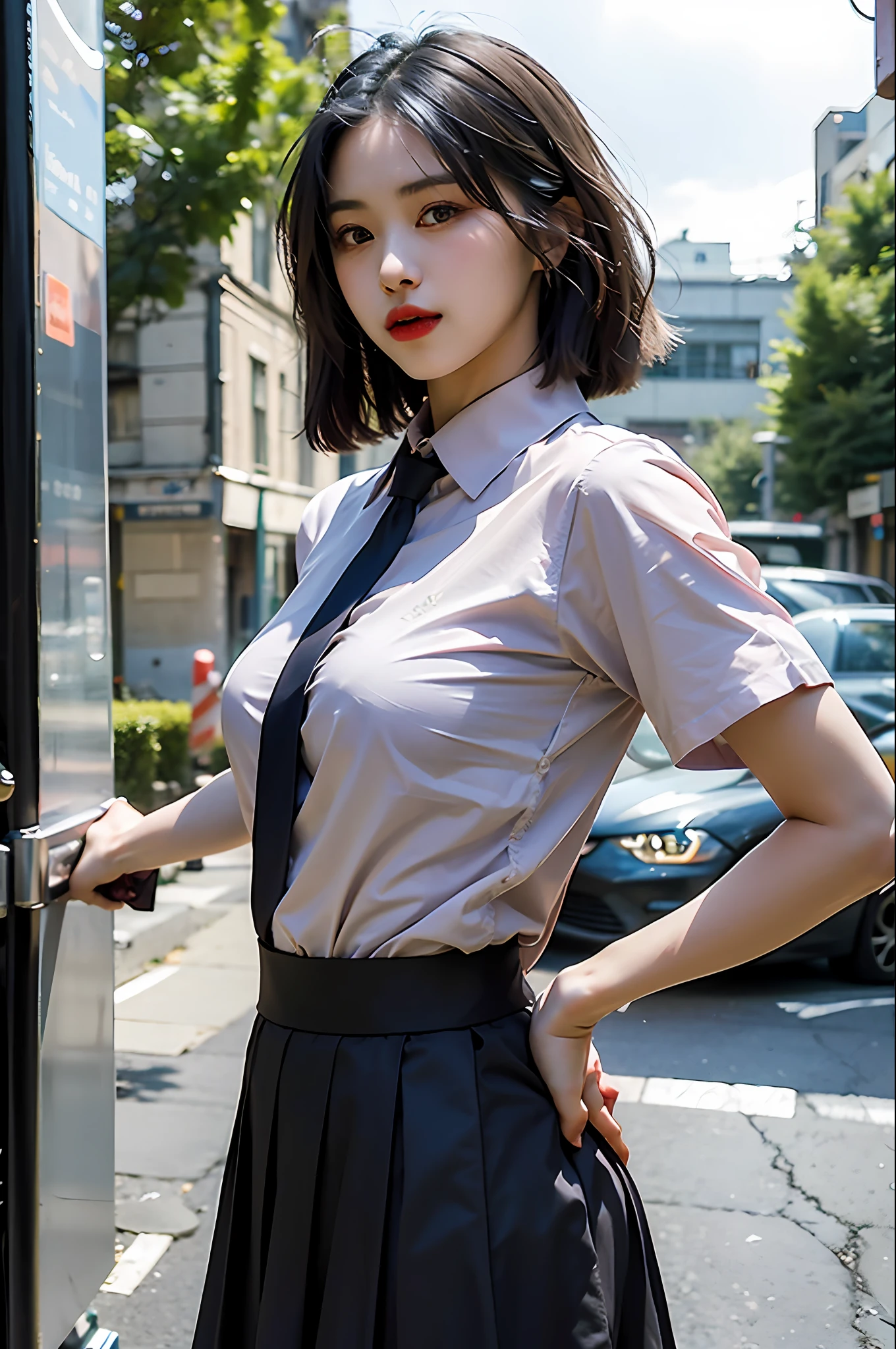 (1girl:1.3),(solo:1.4),(half body:1.3),delicate, masterpiece, best shadow,(photorealistic:1.3),__collared_shirt and flared_skirt as material__,__outdoor__, makeup, warm tone, soft light,narrow waist, (flat breast)