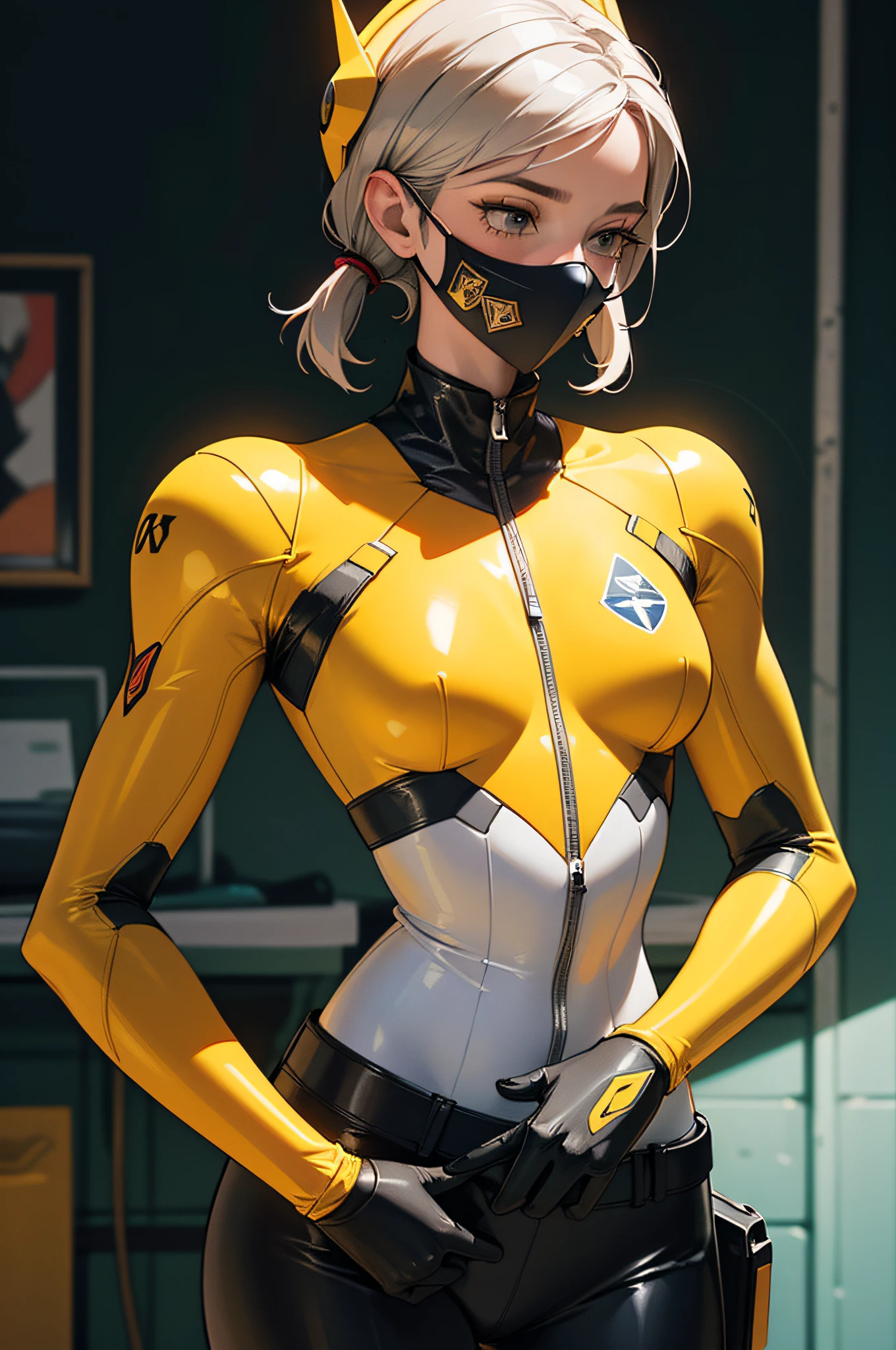 (Detailed illustrations,Art based on extremely ideal anatomy,Very detailed and detailed drawing,Delicate lines with slow and rapid,Realistic texture expression),[[Color tressed main line]],[Briefing Room Background],[HENTAI Anime] [1Girl Beauty 15歳] (Yellow Power Rangers) [Skinny [short stature]],Light yellow rubber suit [[shark] headgear [[Eyeshade:0.4]] [Hard Mask]] [[Holster belt]] [[Emblem on chest and forehead]],gravure,[Artwork of exceptional craftsmanship],[Design built to the highest level,[[Advanced structural understanding of materials]],Ideal color coordination],[[Fine and beautiful skin expression [Transparency]]],(Perfectly proportioned:1.2),[[Artistic decoration]] [[Dense detail]],[[detailded,high-detail]],[[Accurate simulation of light-material interactions,Understanding Airflow,Mechanically correct representation]],([Precision Detail],[[multi-layer texture]],HighQuality,a highres),[[Visual art that conveys a sense of narrative]].