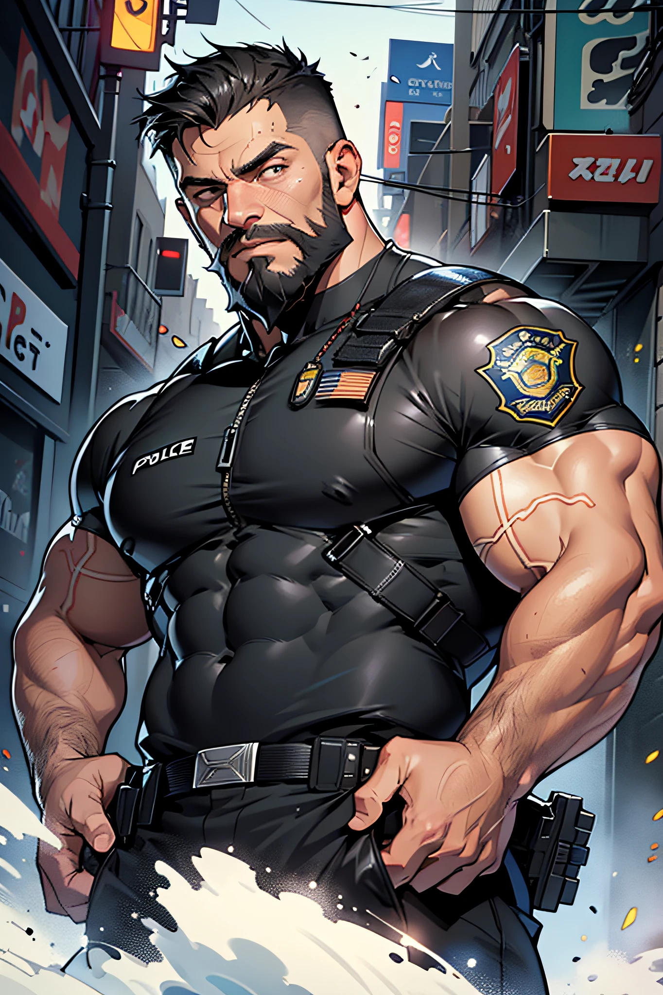 homem maduro pelada, masculino, tio bonito, macho musculoso, musculacao, gigante muscular, pectoral muscles, muscle bulge, in mechanical city, estilo cyberpunk, mechanical headphones, cargo pants, mechanical wind, luzes neon, mechanical repairman, alto, homem juniort, capacete cyberpunk