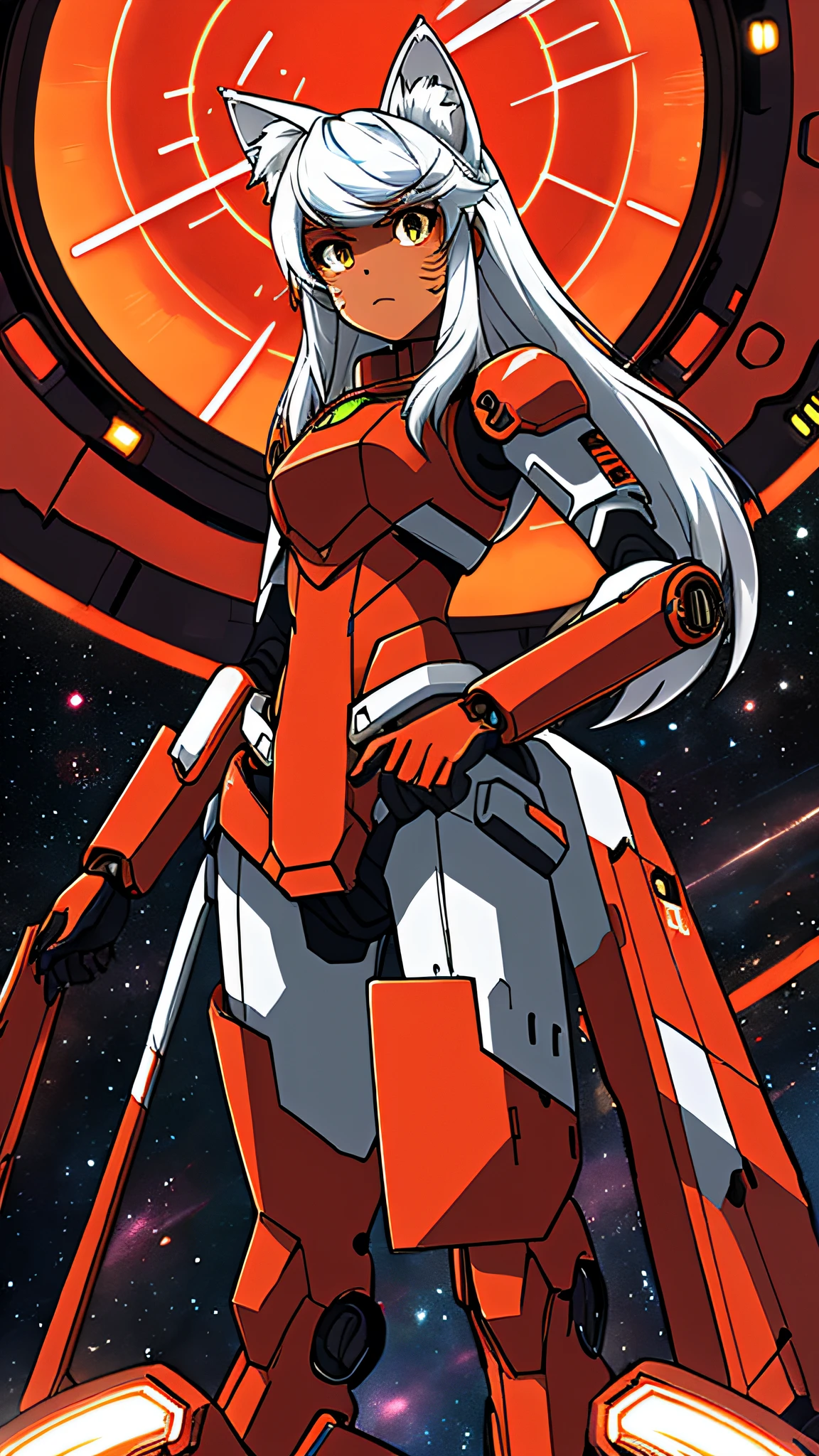 masterpiece, 1girl, liru the wolf girl, tanned, white hair, medium breasts, serious, battlesuit skirt, red core, red light strips, mecha, cybernetic, futuristic, space, spaceship, metal plating, interior, highly detailed