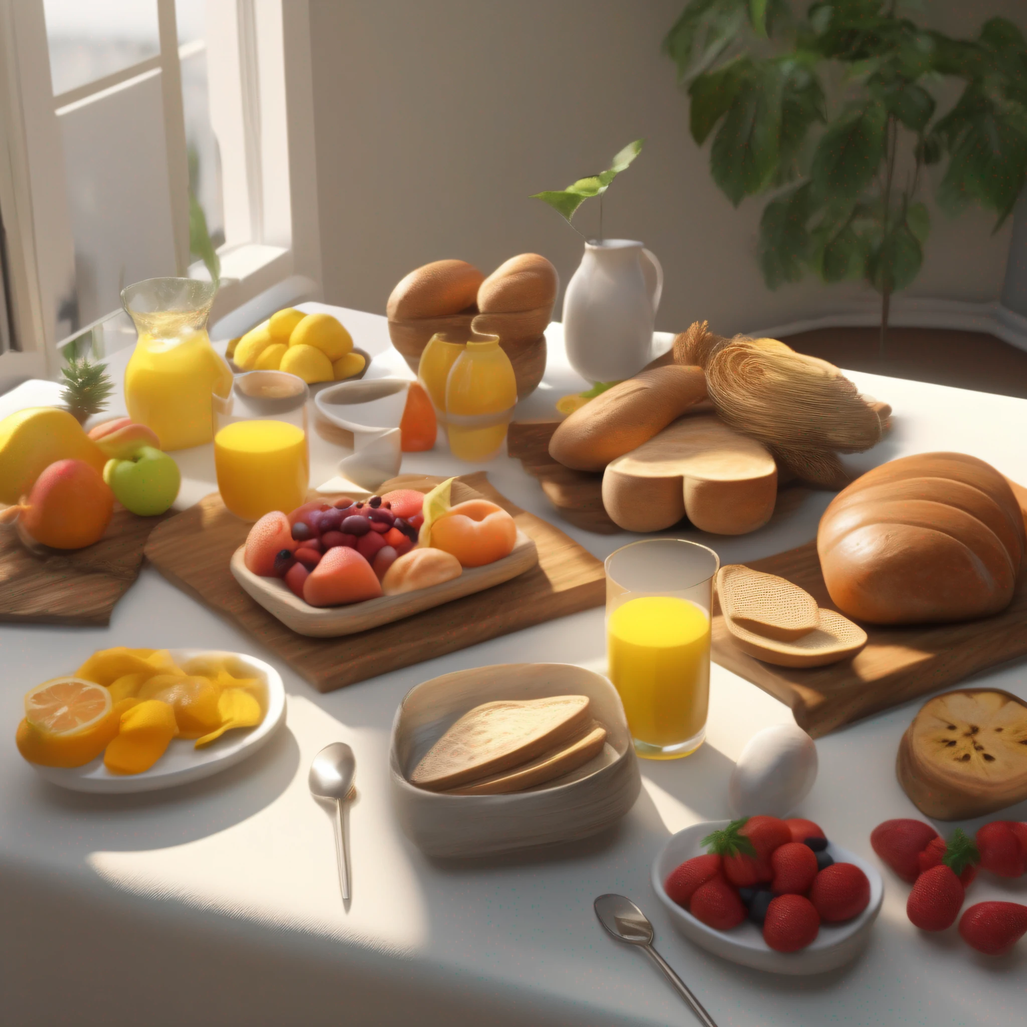 ((masterpiece)), ultrarealista, ultradetalhado, 8k, melhor qualidade, A neat breakfast table, com uma variedade de frutas frescas, cereais, breads and juices, representing the care with food and the importance of a good start to the day.