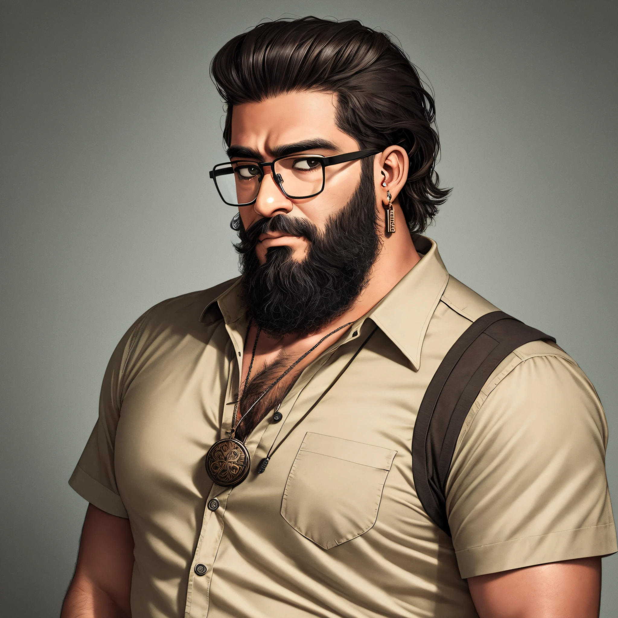 Realistic photo, man 35 years, long beard, short hair, military hair, black eyes, brown skin, earring in ear with pendant, long button-down shirt, fat body, serious face, Arab appearance, glasses --auto --s2