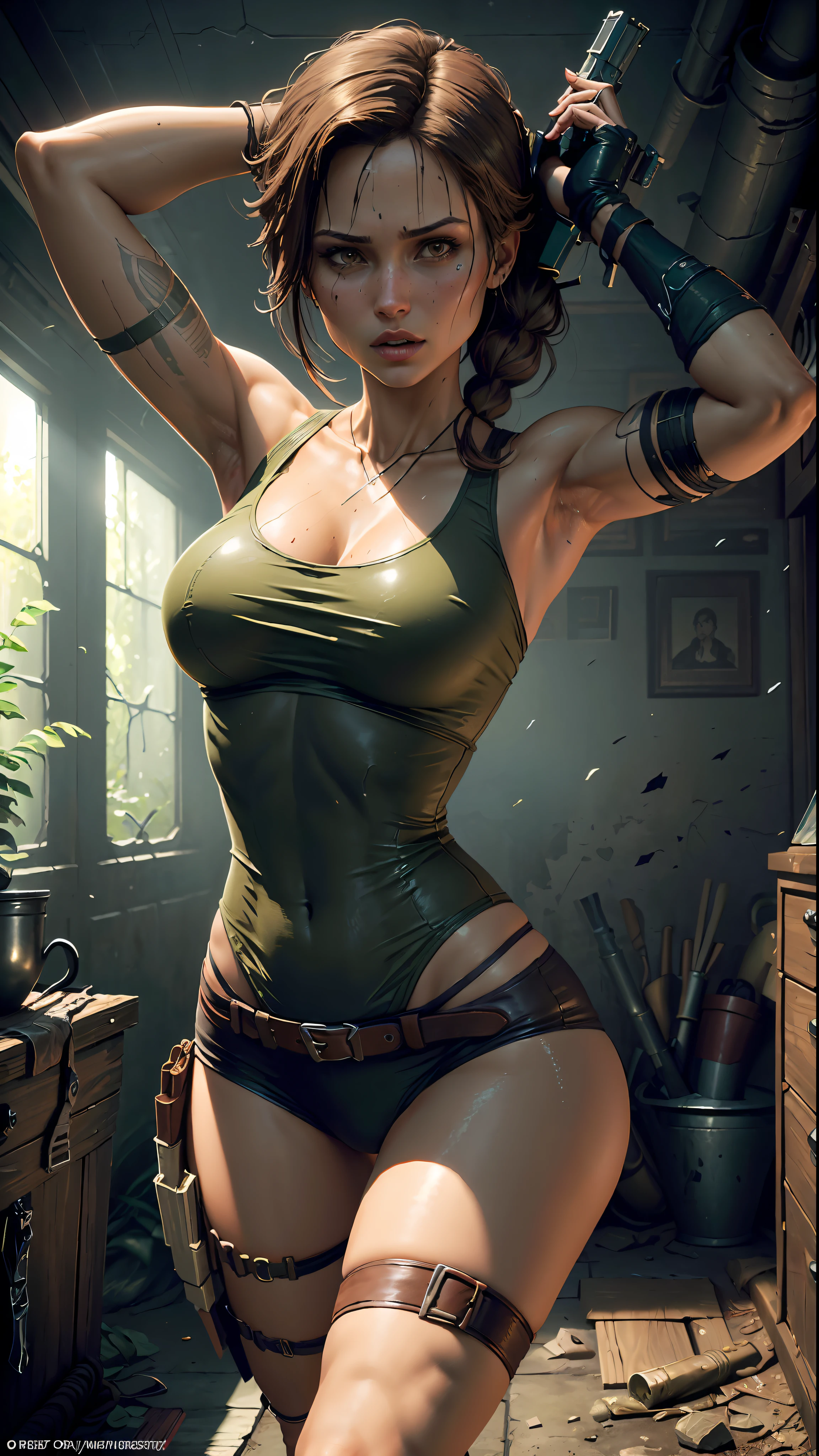 (Best quality), (masterpiece), (detailed: 1.4), 3D, Lara Croft inspired outfit (Tomb Raider), (extremely sexy woman + revealing outfit: 1.3).