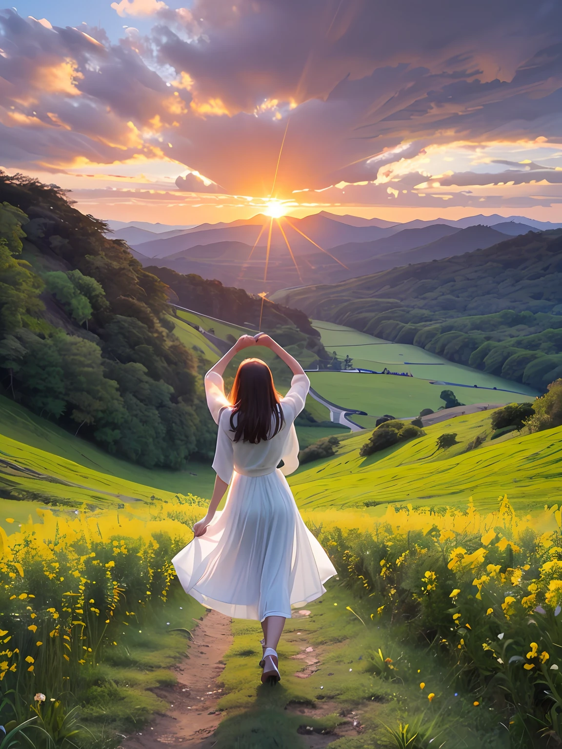 Uma fotografia com uma paisagem serena, Like a beautiful sunset or a flowery field, simbolizando a paz e a alegria encontradas em Deus.