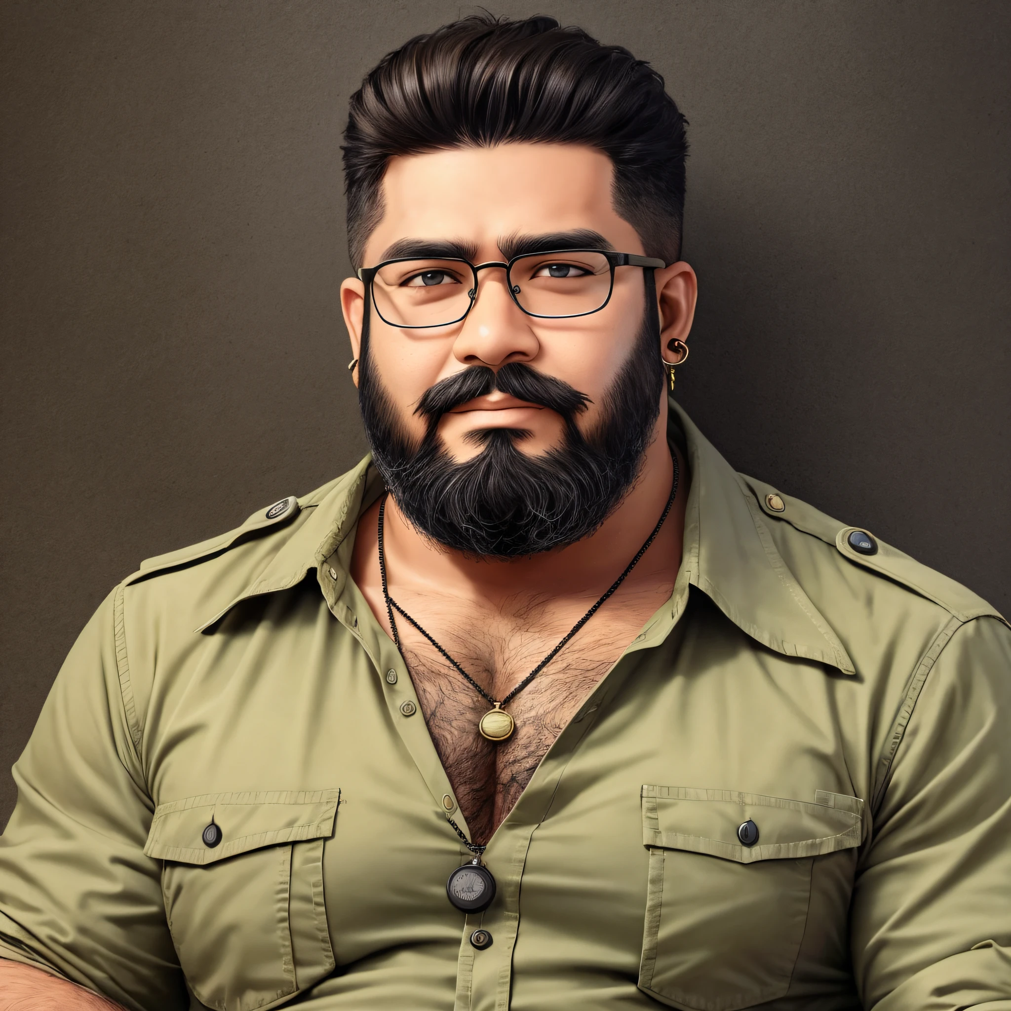 Realistic photo, man 35 years, long beard, short hair, military hair, black eyes, brown skin, earring in ear with pendant, long button-down shirt, fat body, serious face, Arab appearance, glasses --auto --s2
