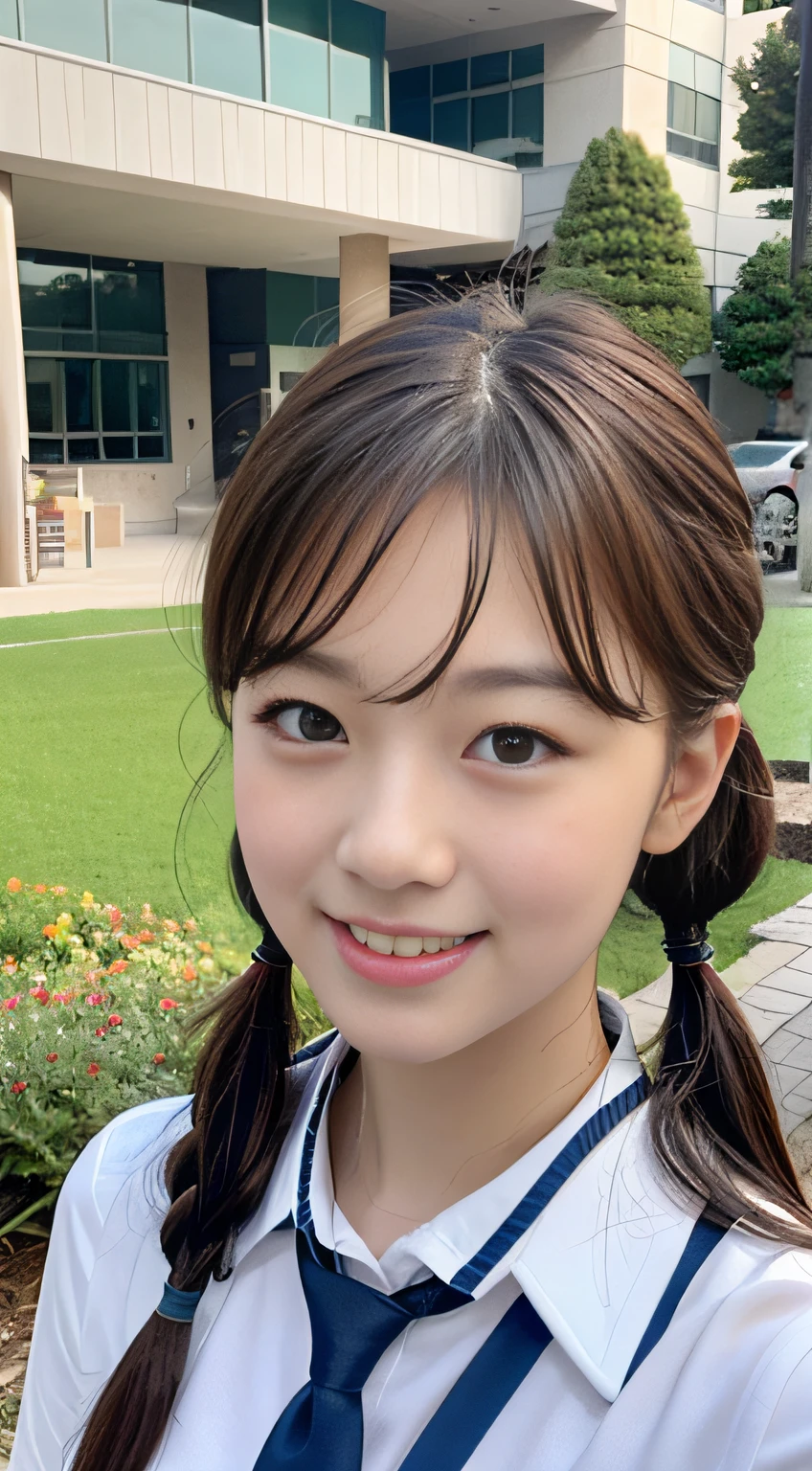 Highly detailed 8k wallpaper), sharp focus, detailed, dramatic, delicate and beautiful schoolgirl, sheer white shirt, tie, dark blue pleated micro mini, light brown hair, smooth pigtails, sexy, smile, peeking at the viewer, beautiful graphics, bright school building, full of students, showing the whole body,.
