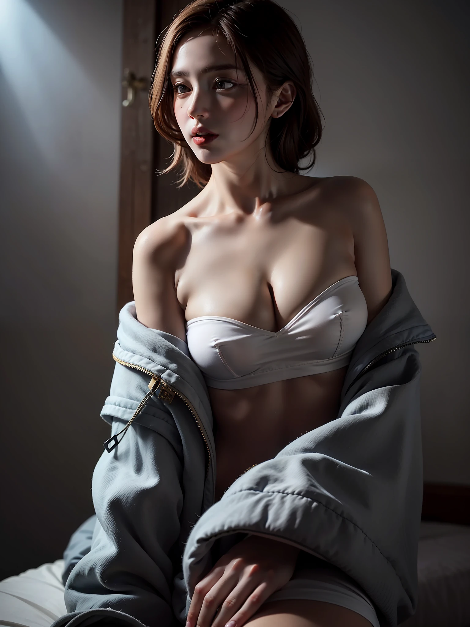beste Quality、A masterpie、ultra-highres、(photorealestic:1.4)、Raw photo、1girls、off shoulders、dark、Deep shadows、lowkey、Cold Light、nuda、sunlight、opening legs