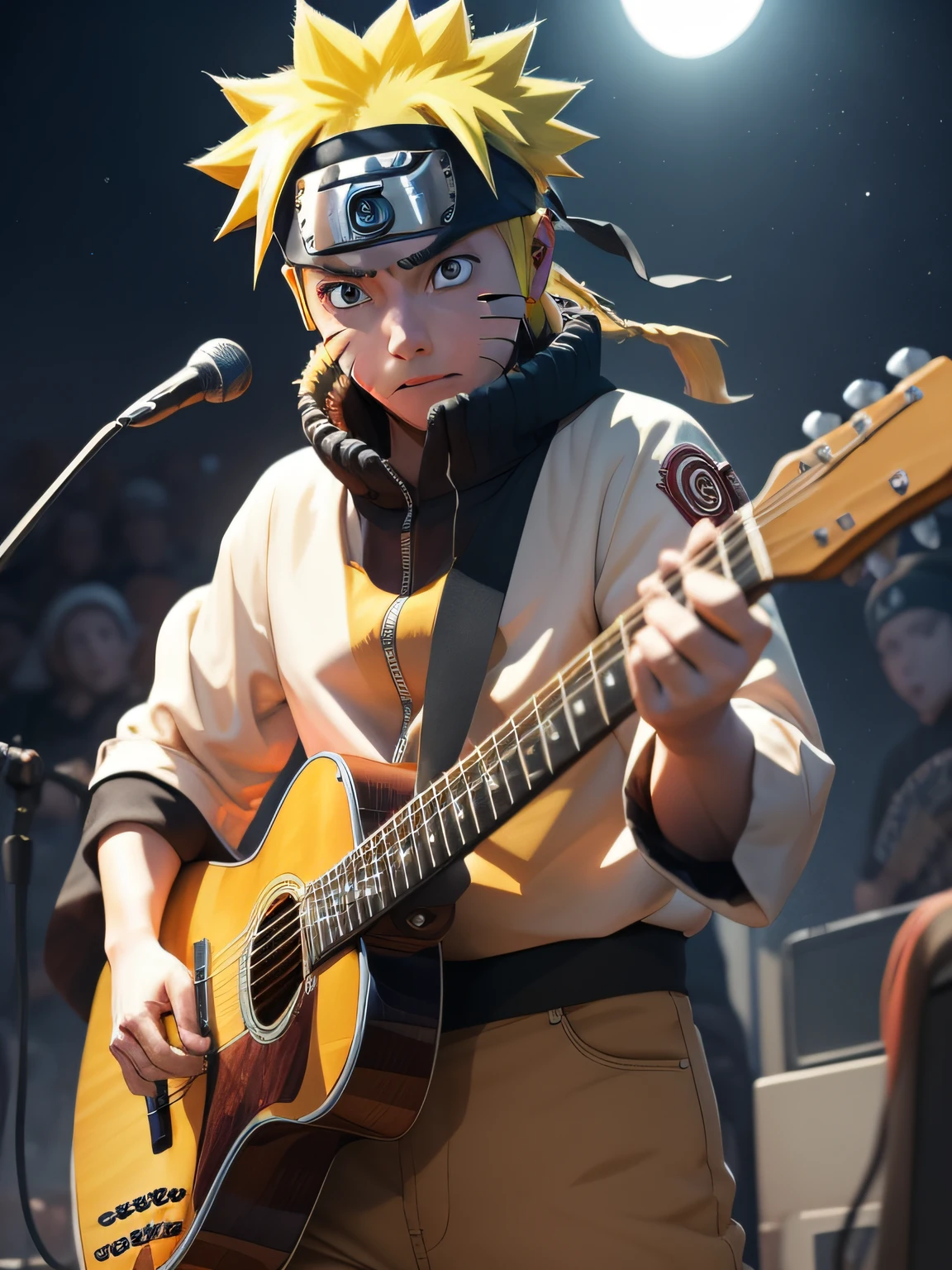 Naruto playing guitar on a stage at night, efeitos de luzes