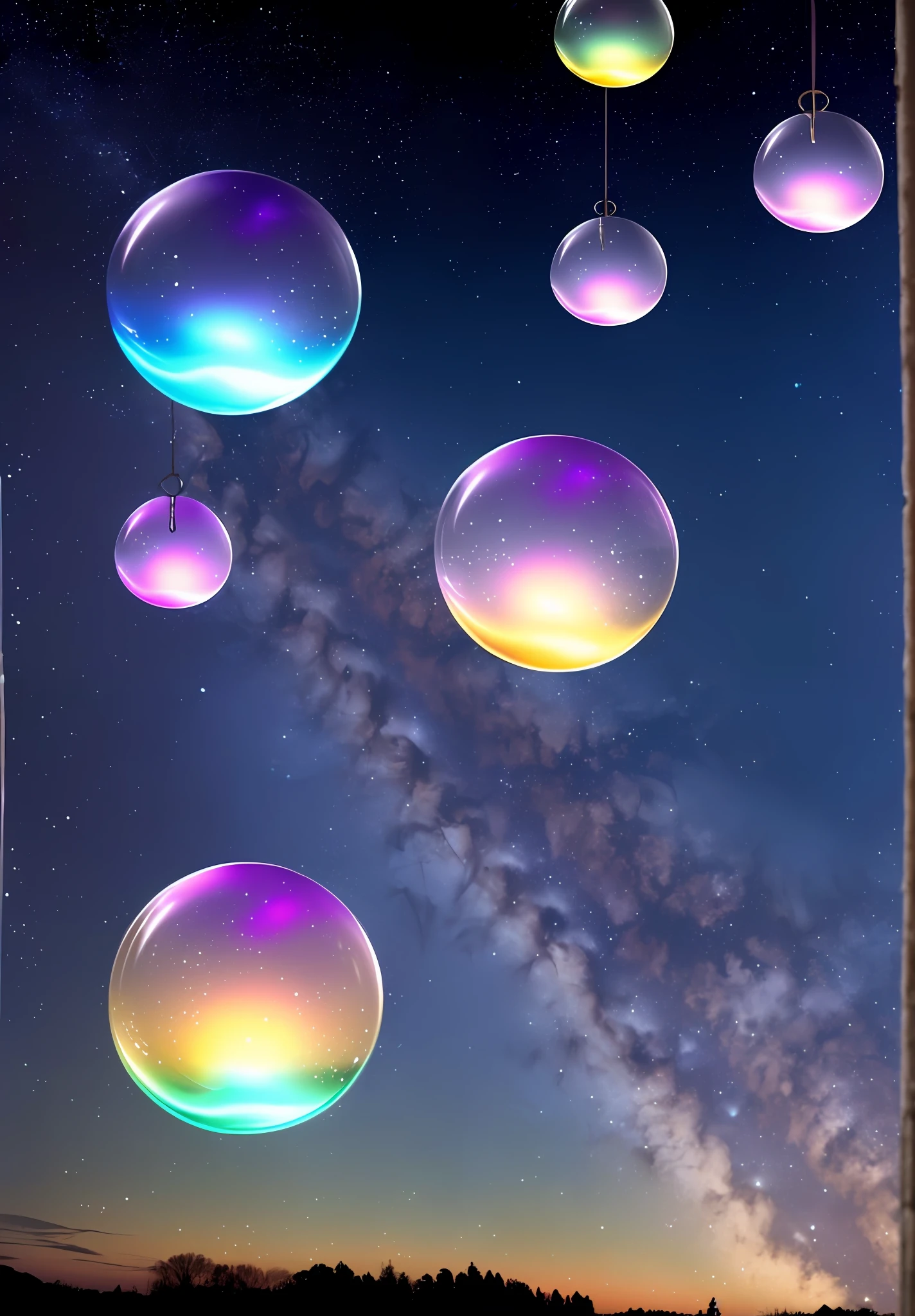 Night，It's silent，Outside the window of the room，Seven colorful crystal bubbles float，Each bubble is like a planet，it is crystal clear，Flow up and down，Very dreamy，It's like a dream，And yet so real，It's like coming to another planet，A deep
