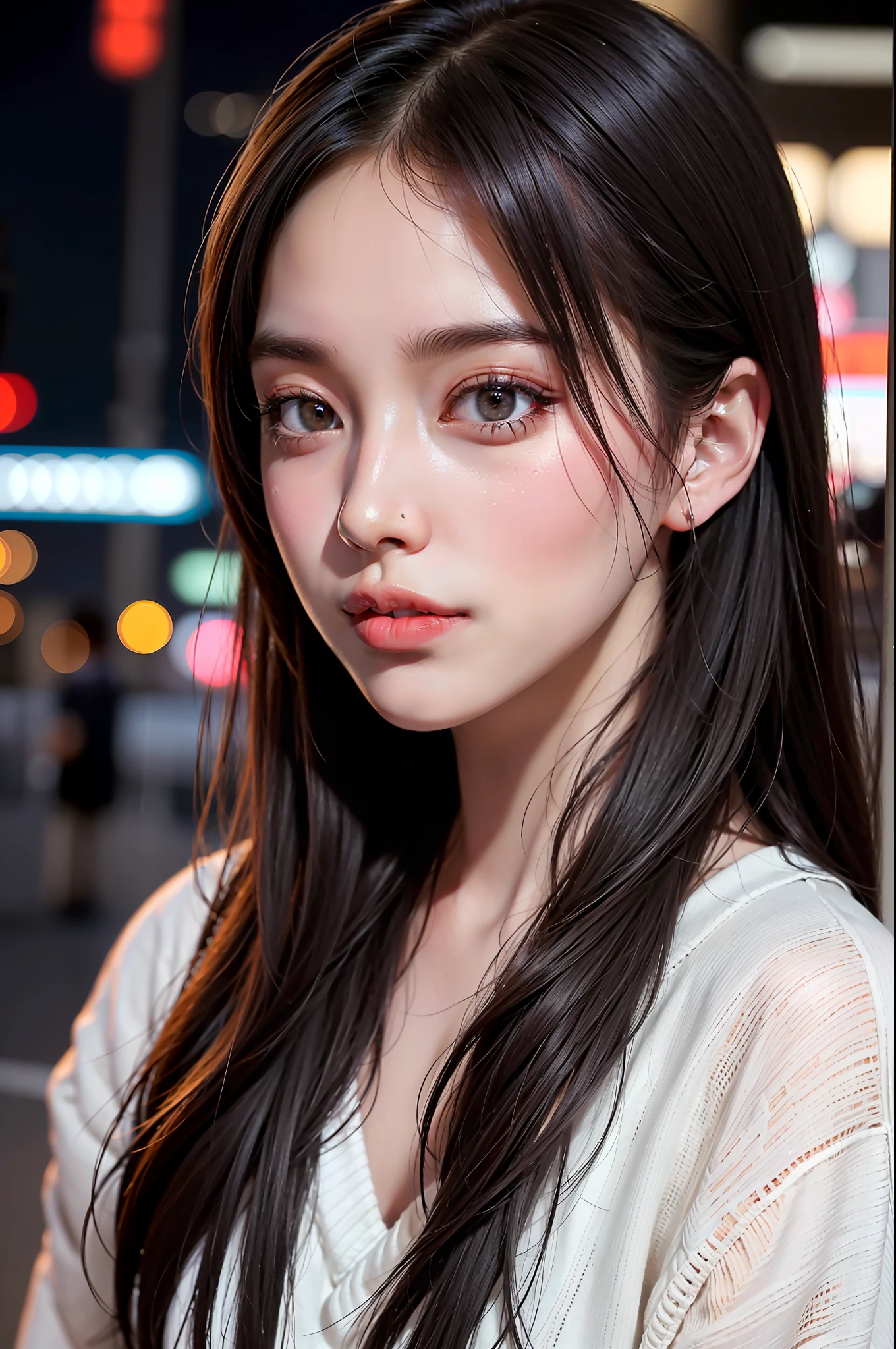 1girl, Tokyo street,night, cityscape,city lights, upper body,close-up, 8k, RAW photo, best quality, masterpiece,realistic, photo-realistic,