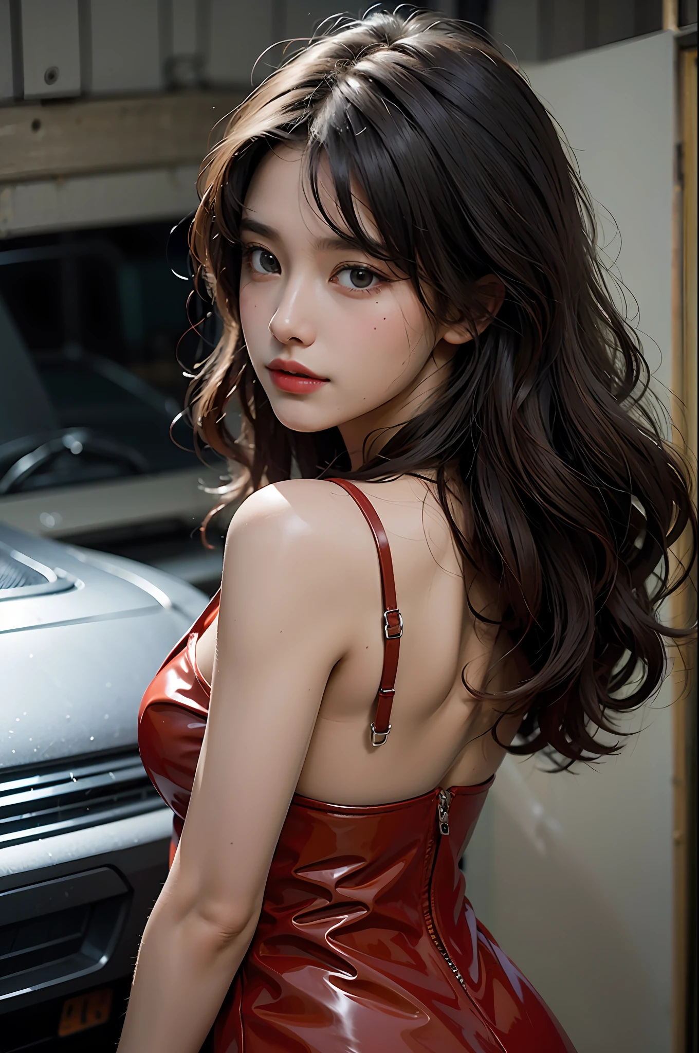 1girl, solo, (light red latex), side of the red car, perfect body figure, gigantic breast, white skin, 18 year old, pointy hair, hairpin, black eyes, seductive smile, detailed face, detailed eyes, Eye-Level Shot, god rays, glowing light, modern, from back, 85mm, Nikon, super detail, textured skin, anatomically correct, highres, best quality, 8k, masterpiece