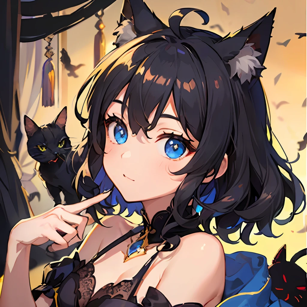 ((highest quallity))、((A masterpie))、((ultra-definition))、(illutst)、(Fine light)、(Extremely delicate and beautiful)、(((独奏)))、(((a beautifulchi girl) )))、((Best Quality, High_resolution, Distinct_image)),(Black Hair), (Black cat ears), (Ahoge), (absurdly short hair), (Wavy Hair), (Blue eyes),