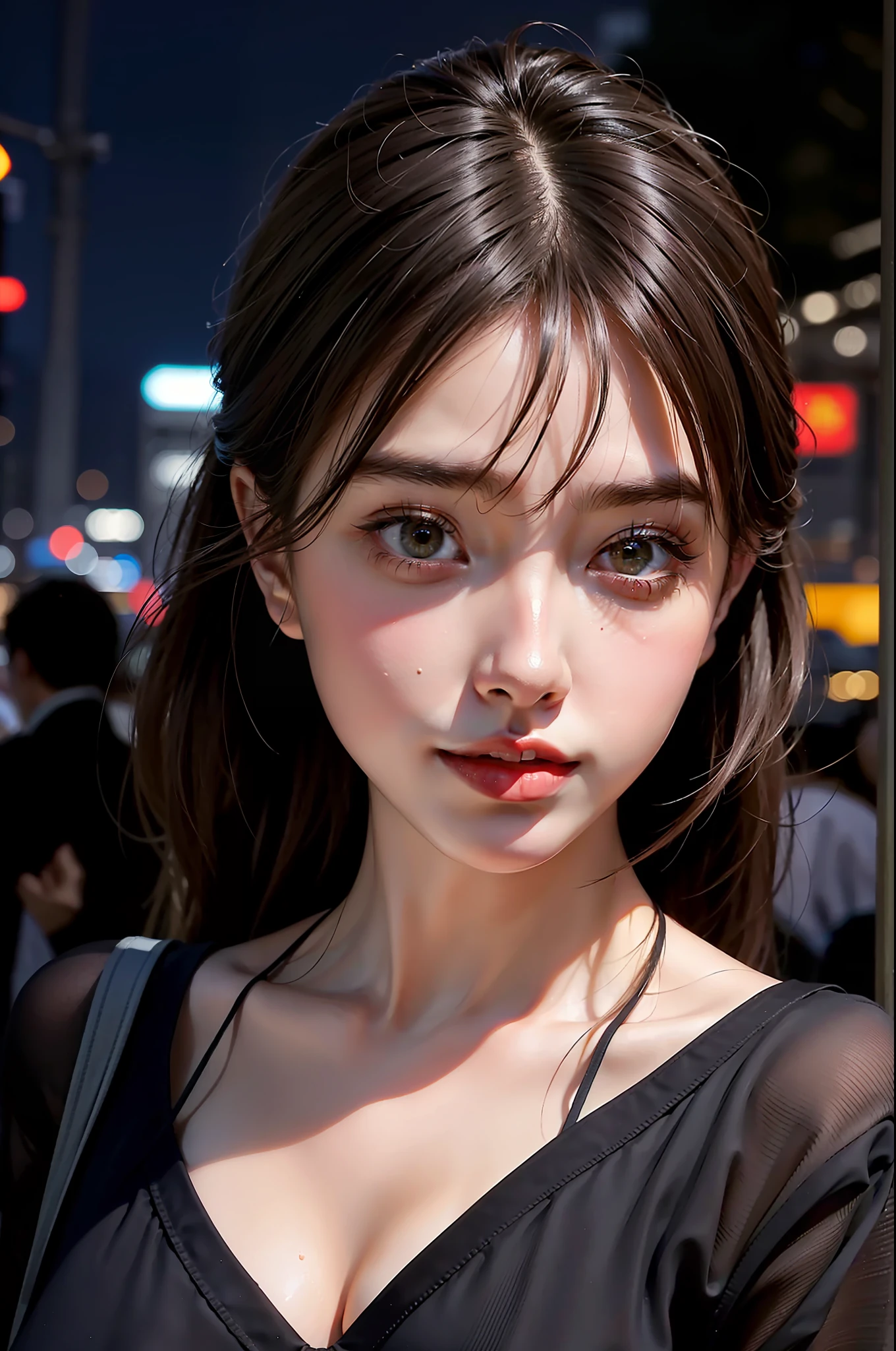1girl, Tokyo street,night, cityscape,city lights, upper body,close-up, 8k, RAW photo, best quality, masterpiece,realistic, photo-realistic,