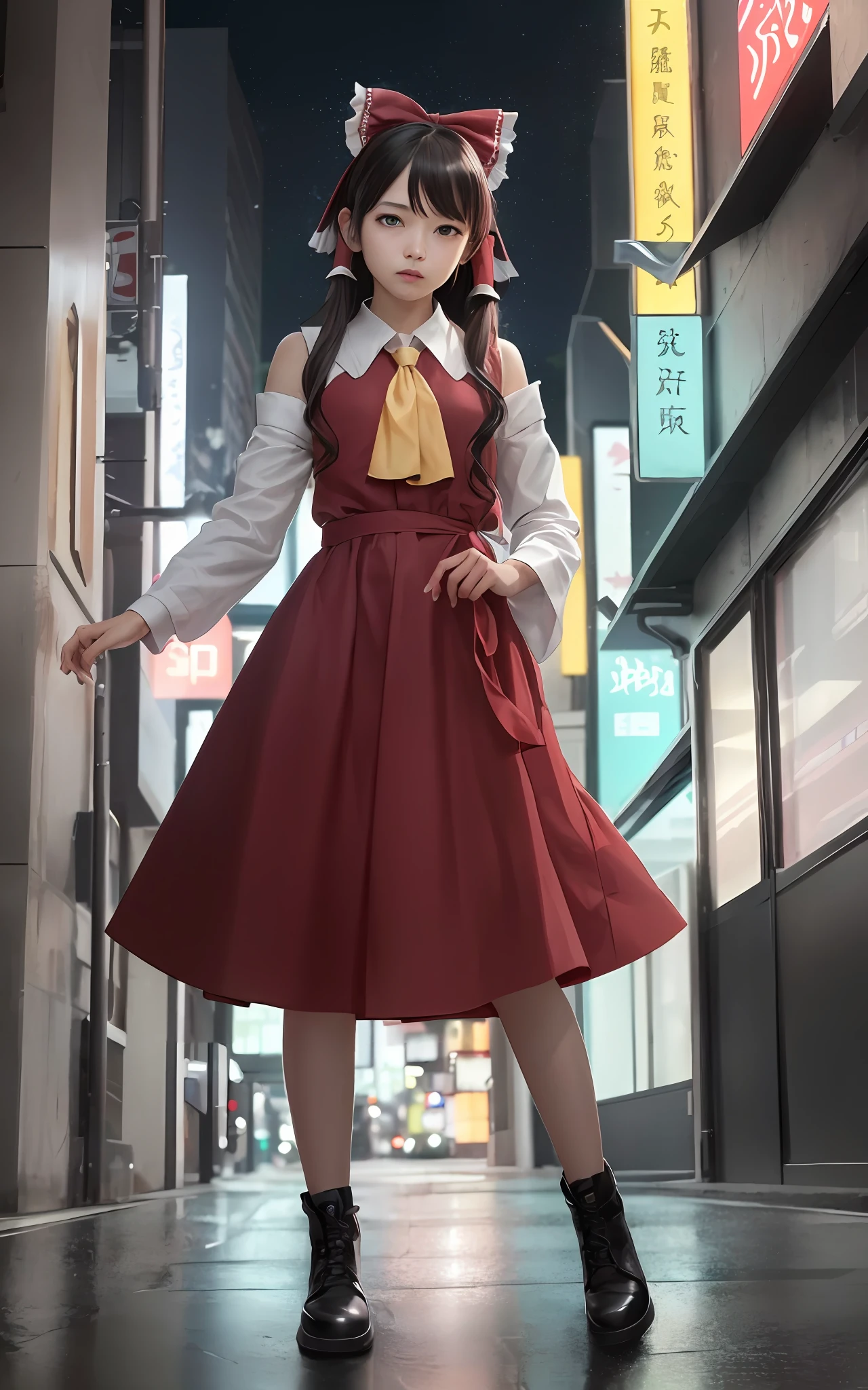 (masterpiece, best quality, ultra-detailed, highres:1.2), cinematic, cgi, photorealistic, 
1girl, pretty, idol, (Hakurei Reimu:1.25), blush, natural skin texture, brown eyes, 
intricate eyes, heavy eye makeup, posture, fighting, danmaku, magic, stylish clothes, dress, 
highly detailed background, cyberpunk, city, street, night, stars, modern, futuristic, neon lights,