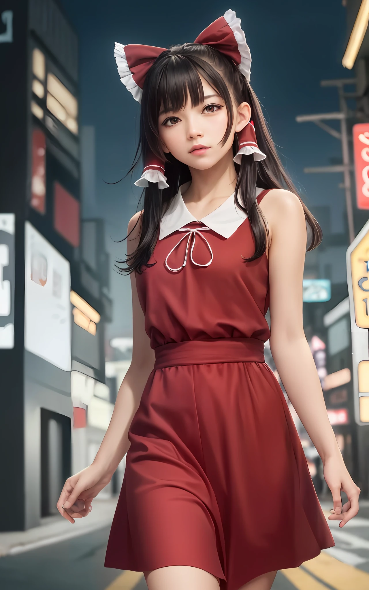 (masterpiece, best quality, ultra-detailed, highres:1.2), cinematic, cgi, photorealistic, 
1girl, pretty, idol, (Hakurei Reimu:1.25), blush, natural skin texture, brown eyes, 
intricate eyes, heavy eye makeup, posture, fighting, danmaku, magic, stylish clothes, dress, 
highly detailed background, cyberpunk, city, street, night, stars, modern, futuristic, neon lights,