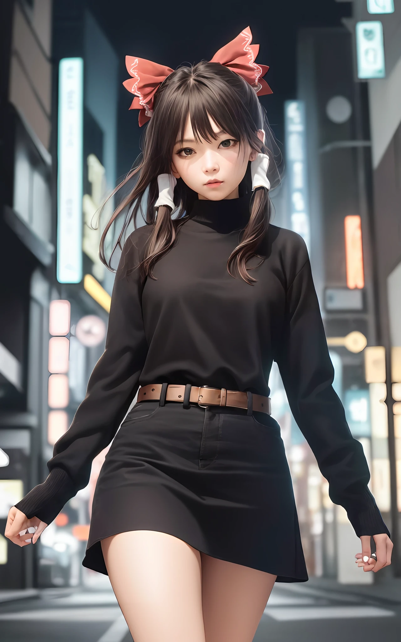 (masterpiece, best quality, ultra-detailed, highres:1.2), cinematic, cgi, photorealistic,
1girl, pretty, idol, (Hakurei Reimu:1.25), blush, natural skin texture, brown eyes,
intricate eyes, heavy eye makeup, posture, fighting, danmaku, magic, stylish clothes, dress,
highly detailed background, cyberpunk, city, street, night, stars, modern, futuristic, neon lights,