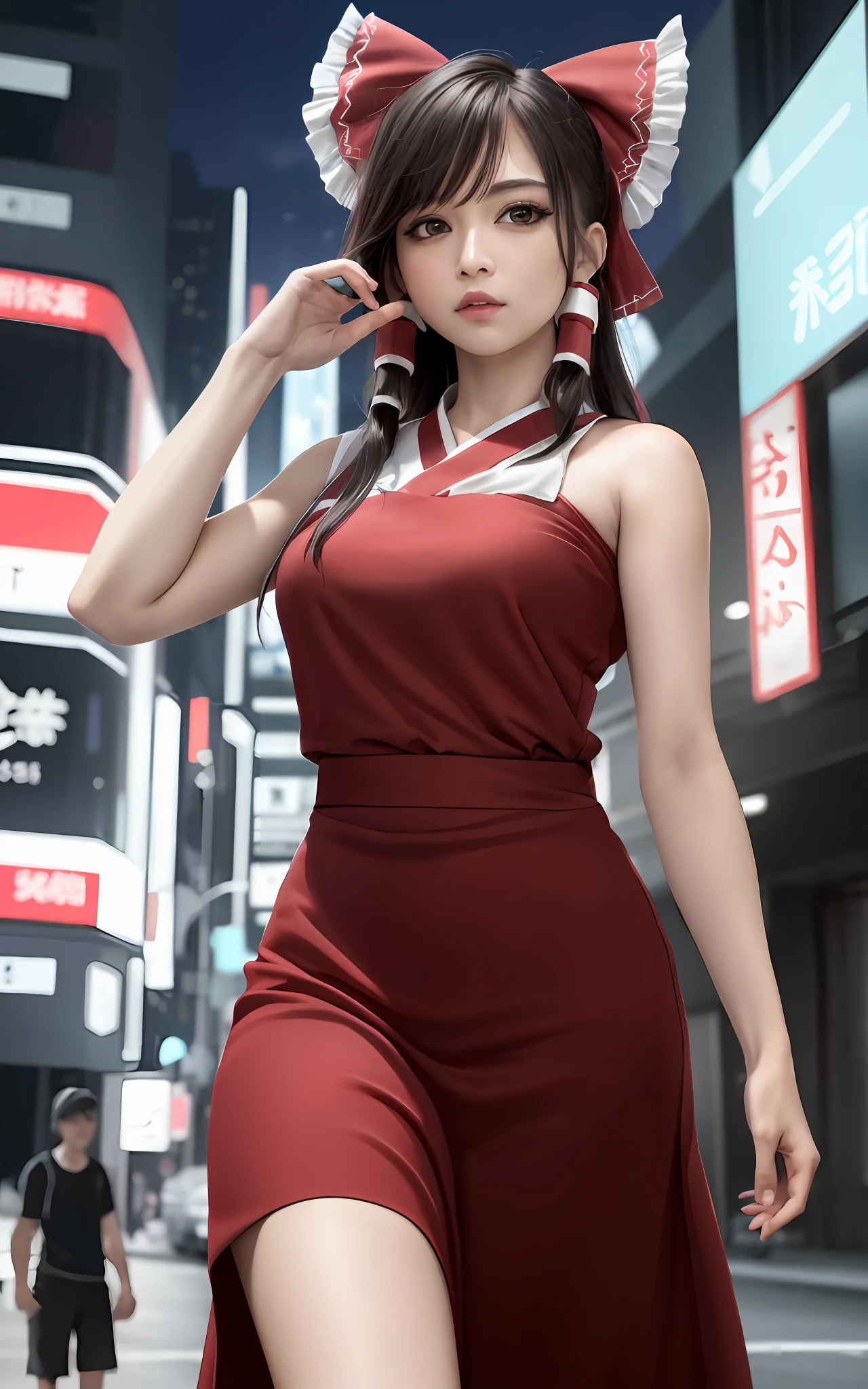 (masterpiece, best quality, ultra-detailed, highres:1.2), cinematic, cgi, photorealistic, 
1girl, pretty, idol, (Hakurei Reimu:1.25), blush, natural skin texture, brown eyes, 
intricate eyes, heavy eye makeup, posture, fighting, danmaku, magic, stylish clothes, dress, 
highly detailed background, cyberpunk, city, street, night, stars, modern, futuristic, neon lights,