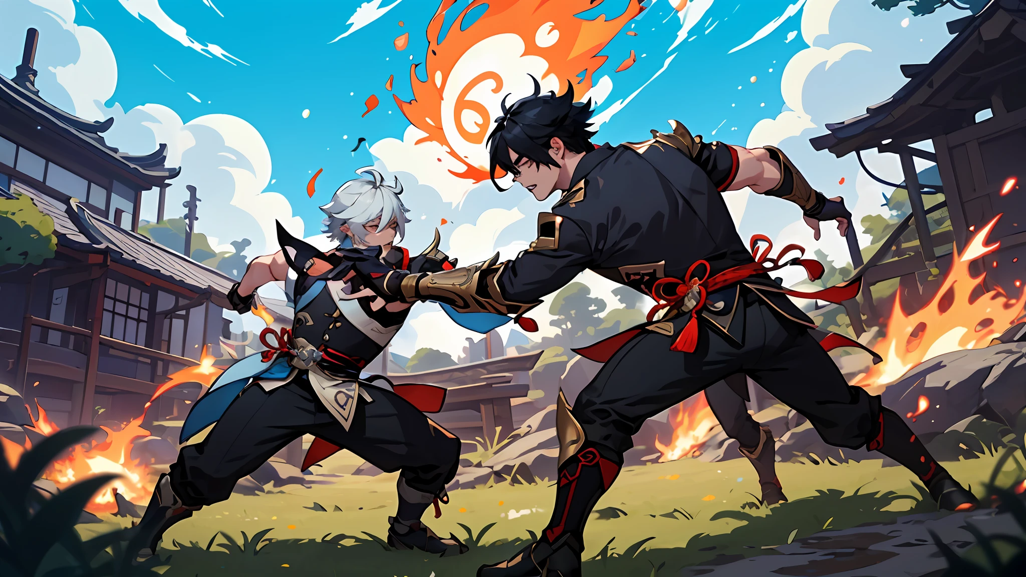 anime characters are fighting with fire in a field, video game genshin impact, genshin impact style, genshin impact character, genshin impact, Diluc from game genshin impact, flame conjuring armored, style of duelyst, fire powers fire swirling, blazing infero, gameplay still