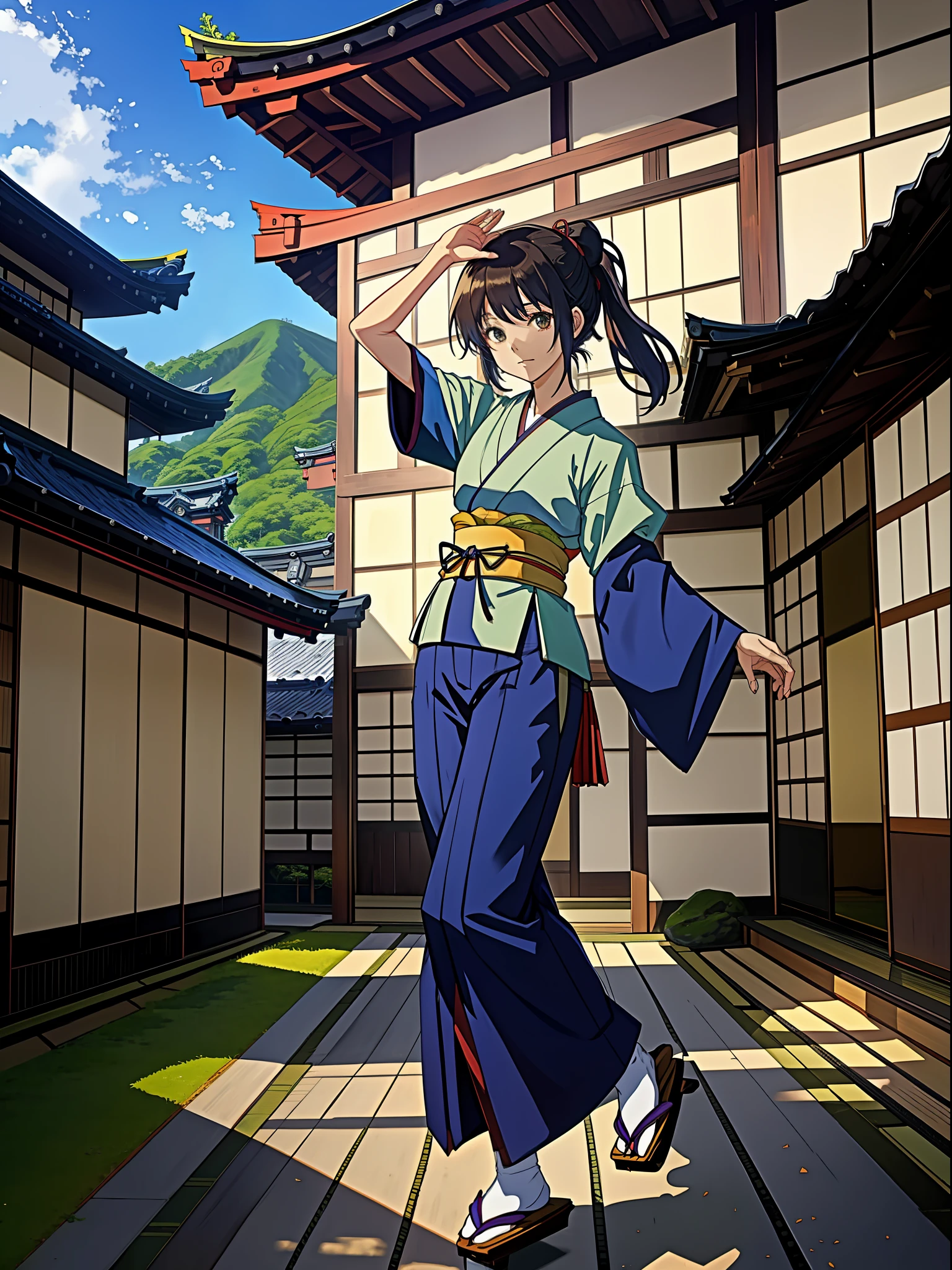 futo, futo clothes, highres, high resolution, absurdres, best quality, anime, good morning, greeting, one arm up, one arm down, BREAK, village, (Japanese-style house:1.3)