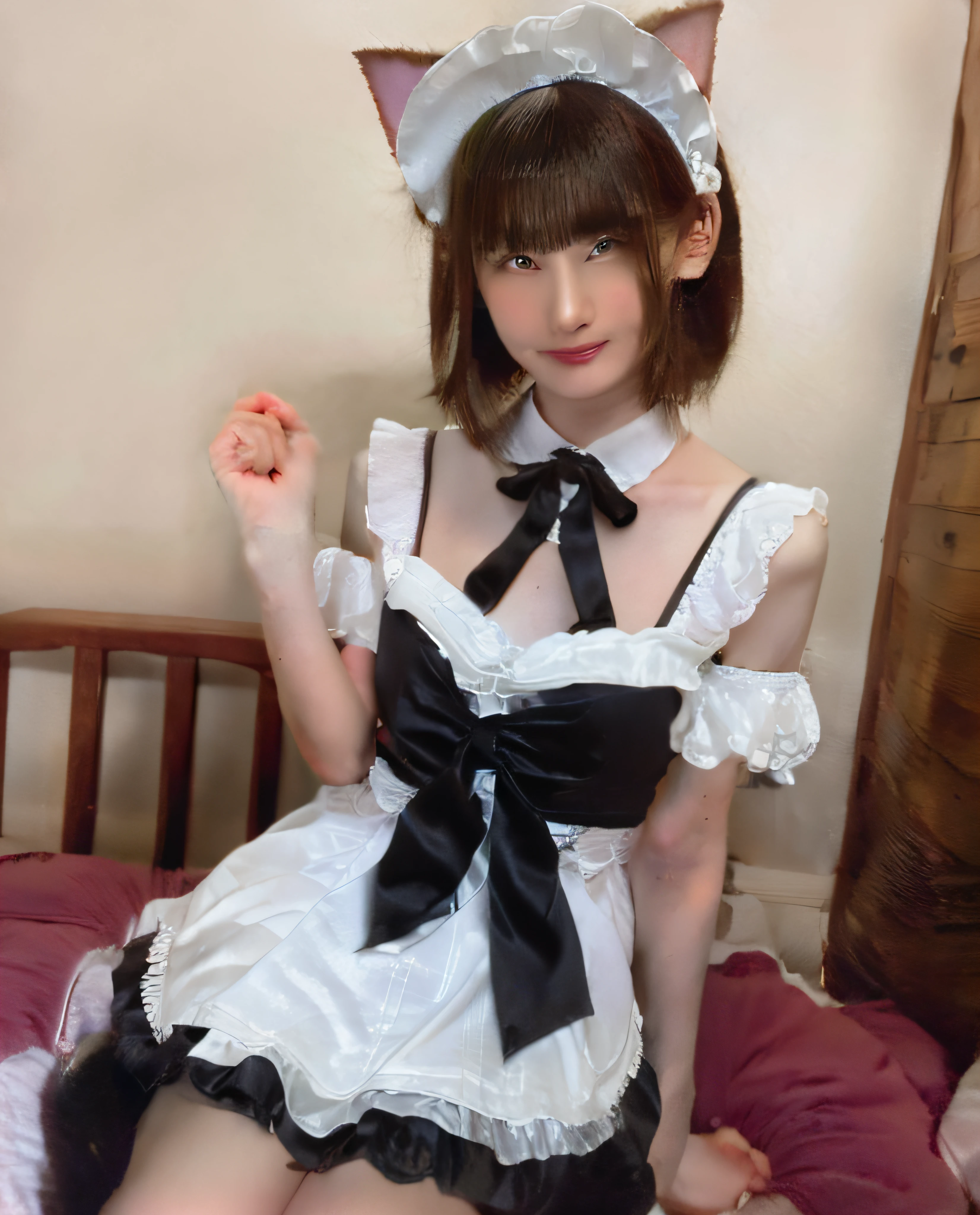 There is a cross-dressing boyish sitting on bed talking on a cell phone, Beautiful boy dressed as a woman, in dress, cosplay of a catboy! Maid! Dress, dressed with fluent clothes, dressed with long fluent clothes, frilly outfit, fairycore, belle delphine, low quality video, ruan cute vtuber, wearing a white folkdrakt dress, maid clothes, beste Quality, Realstic, photorealestic, beste Quality, A masterpie, extremelydelicateandbeautiful, extremely detaild, Fine detail, Super Detail, a highres, extremely detaild, Realstic, ultrahigh-detailing, beste Quality, ultrahigh-detailing, High-quality textures