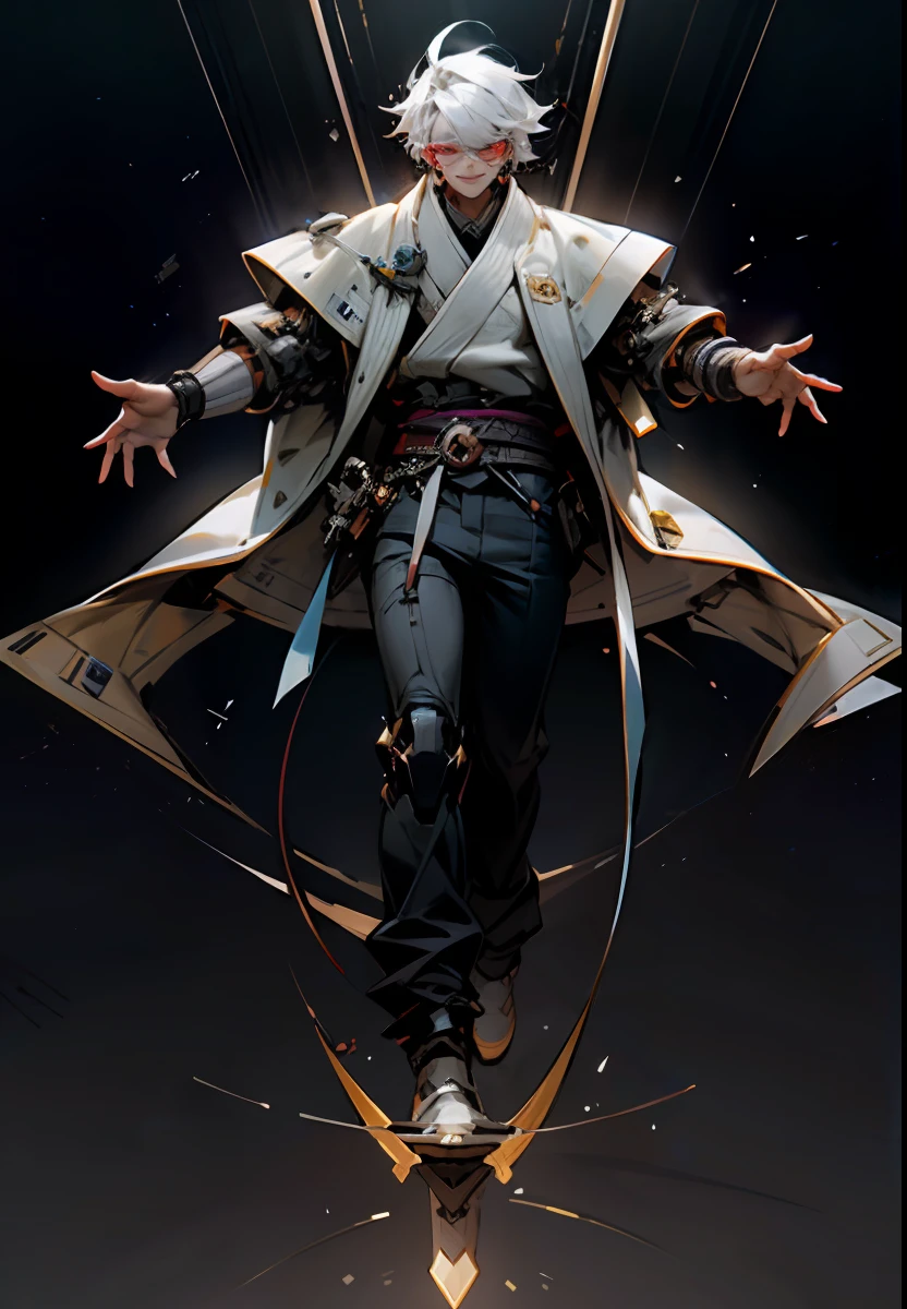 1boy, (muscular: 0.9), looking at the viewer, cyberpunk, masterpiece, best qualified, high quality, (futuristic), film lighting, (exquisite futuristic), super detailed, great composition, floating, depth of field, (very detailed CG, 8k unit wallpaper), (beautifully detailed background), dramatic lighting, anatomically perfect, perfect fingers, cyberpunk arm, perfect anatomy, white sweatshirt, glasses, tongue out, short white hair shaved from the sides with bangs on the front, glasses, well-detailed red eyes, smile with line out white samurai, anime