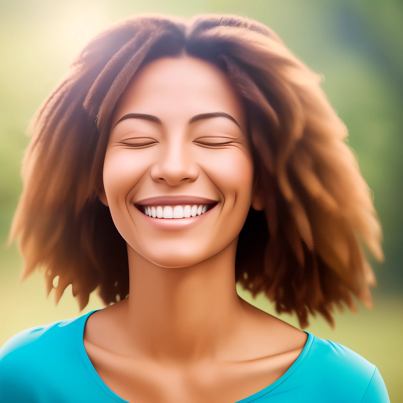 "High quality image of a smiling person with closed eyes, expressing gratitude and happiness. A imagem deve ser em formato 16:9 and present a high level of detail, with vibrant colors and good lighting. If possible, The image should convey the feeling of peace and tranquility, Reinforcing the idea of positive thinking.” --auto