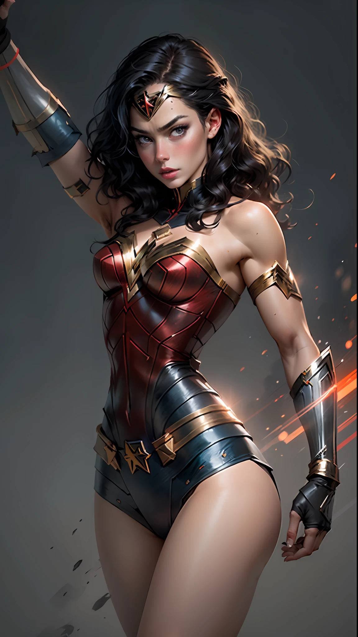 "((better quality, better lighting)), beautiful Wonder Woman with athletic body, accented and highlighted breasts, dynamic pose, colorful background, high saturation, vibrant lights."