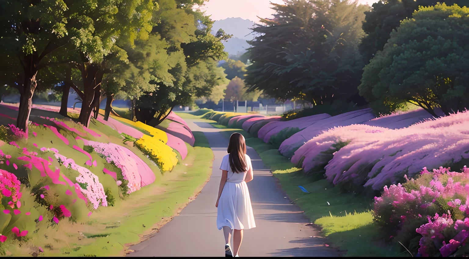 Uma fotografia com uma paisagem serena, Like a beautiful sunset or a flowery field, simbolizando a paz e a alegria encontradas em Deus.