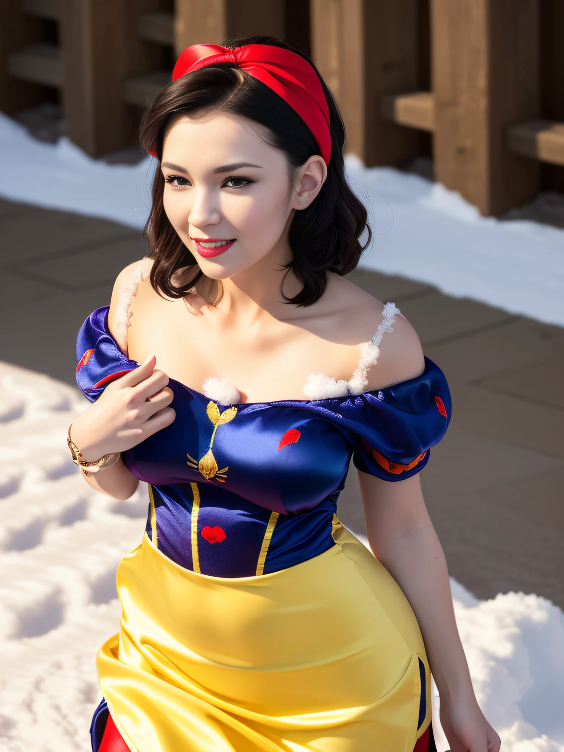 (realistic:1.4), best quality, ultra high res, 
4k, instagram,
highly detailed, 
1 girl,
(Snow white costume:1.5), 
 (((((Silk)))))
smile,  short silk yellow skirt, silk blue corset, red hairband