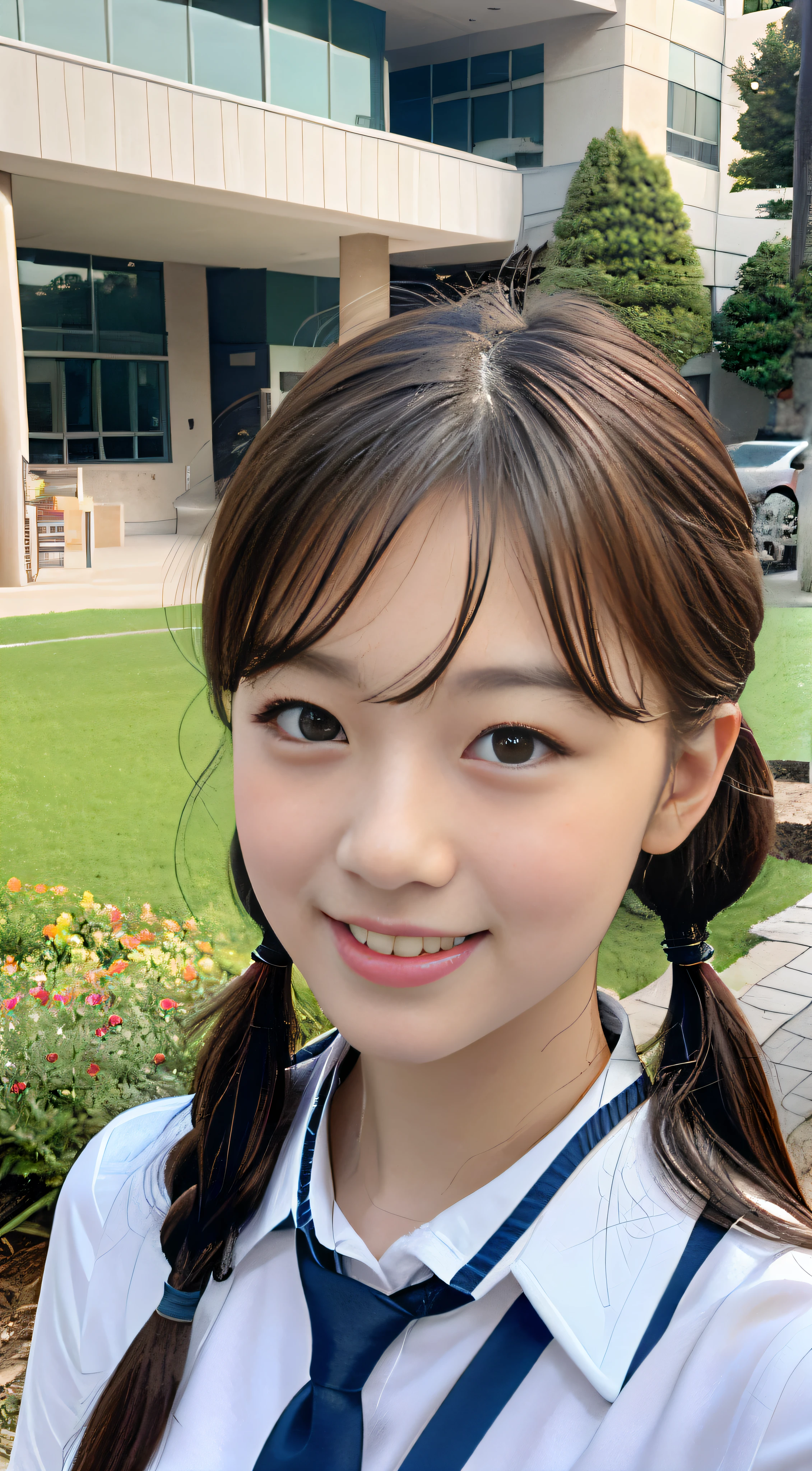 Highly detailed 8k wallpaper), sharp focus, detailed, dramatic, delicate and beautiful schoolgirl, sheer white shirt, tie, dark blue pleated micro mini, light brown hair, smooth pigtails, sexy, smile, peeking at the viewer, beautiful graphics, bright school building, full of students, showing the whole body,.