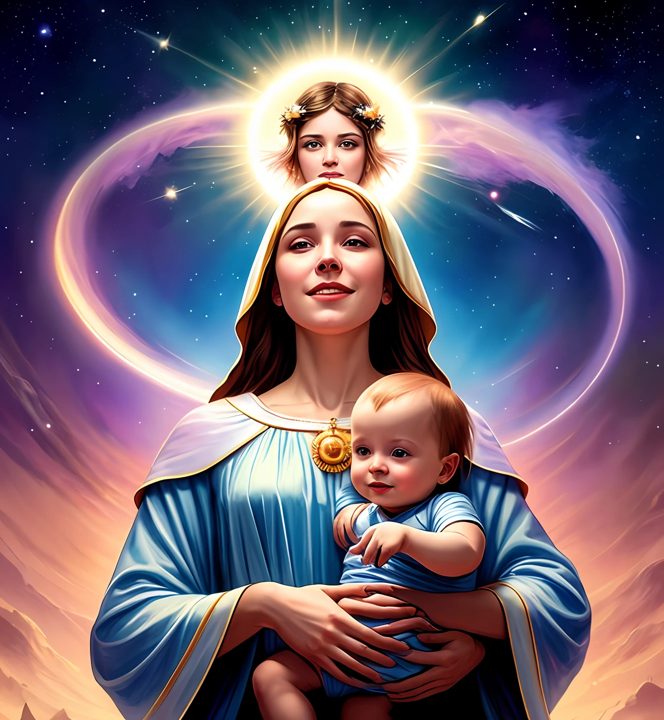 masterpiece, woman and baby, holy virgin Mary style, wearing traditional outfit wardrobe from lord Jesus baby, with little boy in her arms, ((halo over head)), smiling, heavenly sky, half body, ((divine light)), ethereal, clouds, nebulas, nova's stars. back lighting, realistic portrait, symmetrical, strong, intricate drawing, highly detailed, digital painting, art station, concept art, fluid, sharp focus, illustration, against heaven's gate, cinematic lighting, works by artgerm and greg rutkowski and alphonse mucha