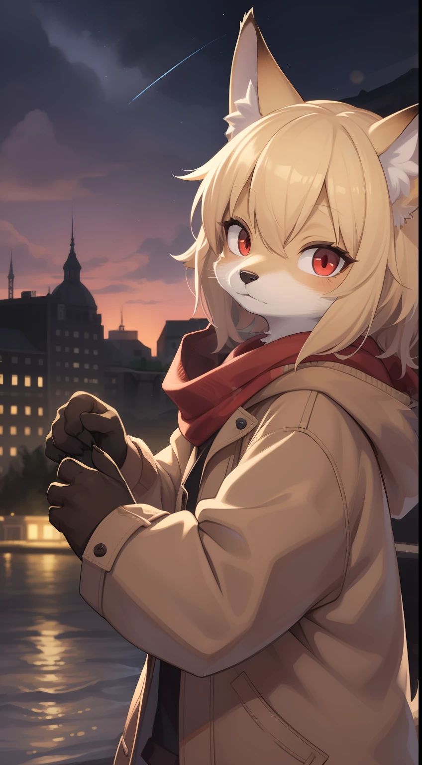 Fox Boy，Boy，was hairy，shaggy，Smoothes lashes，Skin fur，Golden fur，Short hair in men，Forelimb hands， solid circle eyes，Golden ears，Golden face fur , Short blonde hair，Red eyes，Super cute face，Brown elements on fur，Brown jacket brown hood up，Ambient light，Ultra-fine fur，volumettic light，Night,natural day light，fox tails，Fluffy tail，furries wearing tails，Big tail，nevando，Night，A sky full of stars，seawall，crossed bangs, hair strand, Shiny hair，Empty eyes，35mm，sharp talons。High quality, high detailled, Best quality, Ultra HDR， Dark brown gloves，Red diamond scarf，独奏