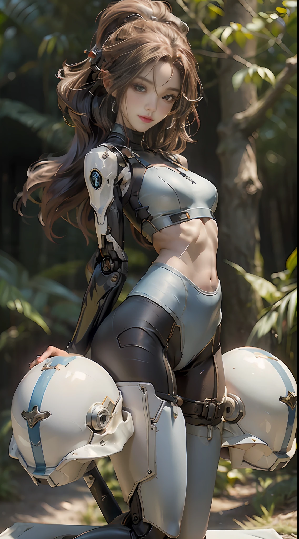 forest, blue swim suit, silver color, head and full body, Extremely cute human eighteen year old girl face, human torso, human huge boobs, human abdomen, human hips, mechanical arms, mechanical legs, arms and legs with hard white shiny shell and black joints, very beautiful and feminine, short, petite, small, small, busty buttocks, medium bust, cleavage display, flat belly display, partial helmet with antenna on the ear, black robot joints, very stylish, award-winning product design, black rubber tights, The shiny white metal breastplate opens at the cleavage and abdomen, the white metal buttocks are wrinkled, and the armor has stylish, glowing trims