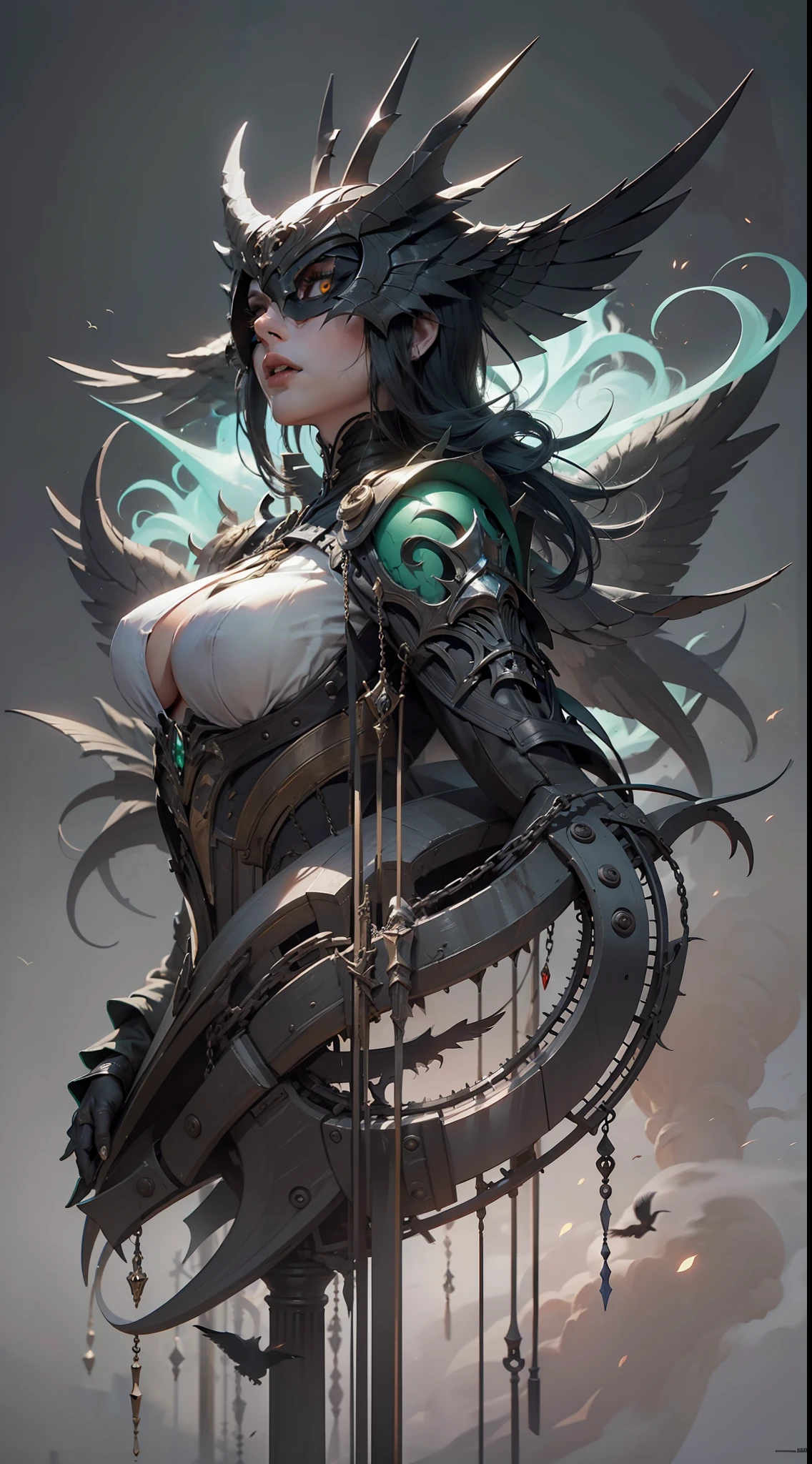 (Very detailed 8K wallpapers), The middle ground of a terrifying necromancer,a woman with a crow on her shoulder and a sculler on her shoulder, holding a sculler, Dirk Crabeth, trending on art station, concept art, gothic art , ominous shadows, green smoke, intricated, high detial, Dramatic
