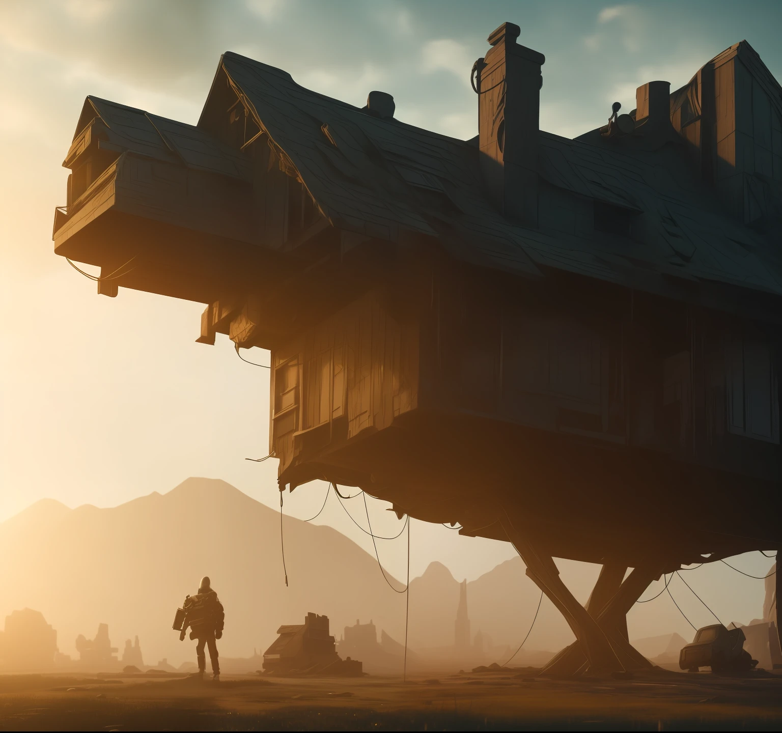 topnotch artstyle intricate evil robot in a dystopian landscape near an old wooden house.