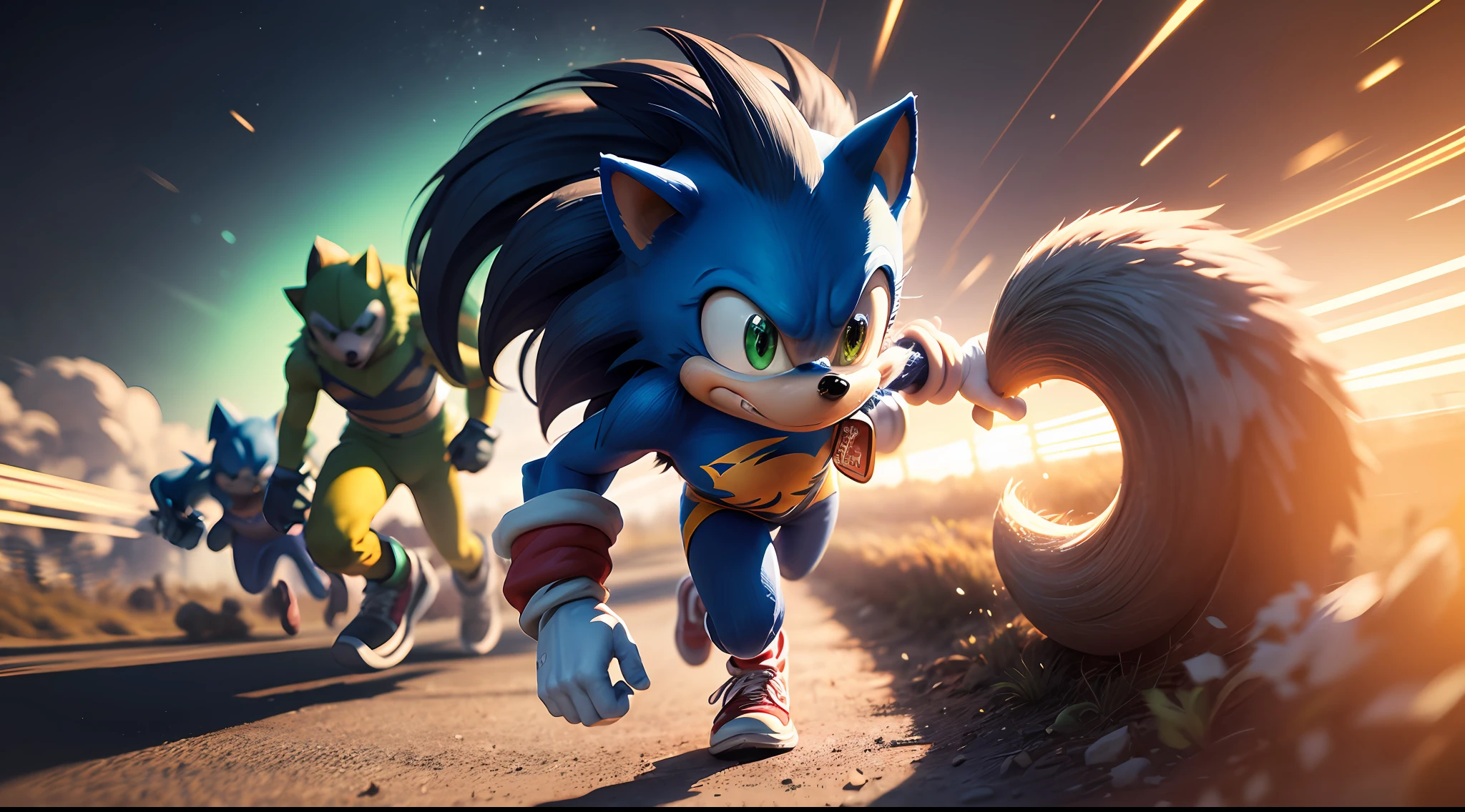 (best quality, highly detailed, ultra-realistic), Sonic the Hedgehog, high intensity scene, running at the speed of sound, dynamic camera angle, vibrant colors, blue fur, green eyes, red sneakers, loop-the-loops, ring collection, surreal landscape, sharp shadows, dramatic lighting, special effects. --auto