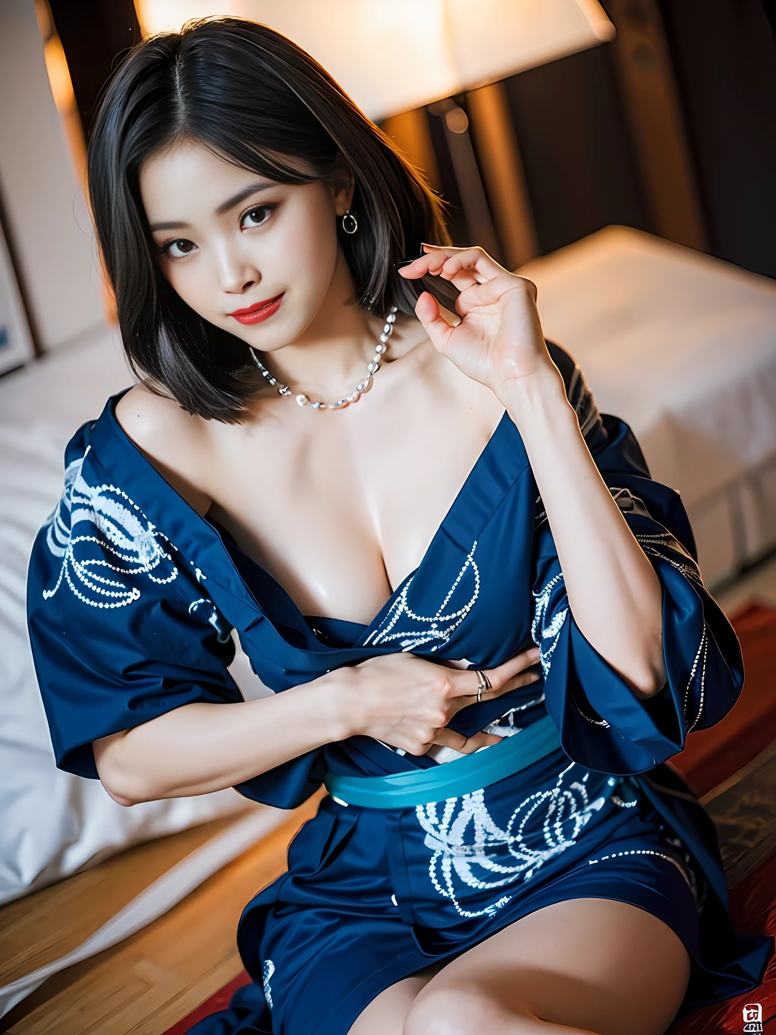 FS, Beautiful bedroom interior, Bed, beautiful russian geisha, (open yukata kimono to nipple tip: 0.7), sfw, take off clothes, (nipple tip), UHD, 32k, reality, photo, real, albino, bright blue eyes  , blue earrings, jewelry, pearl necklace, collar, seductive smile, extremely beautiful eyes, delicate perfect face, perfect hand, maximum precision, precise perfect human body structure, appeal to the audience, skin moisturizing, dynamic angle