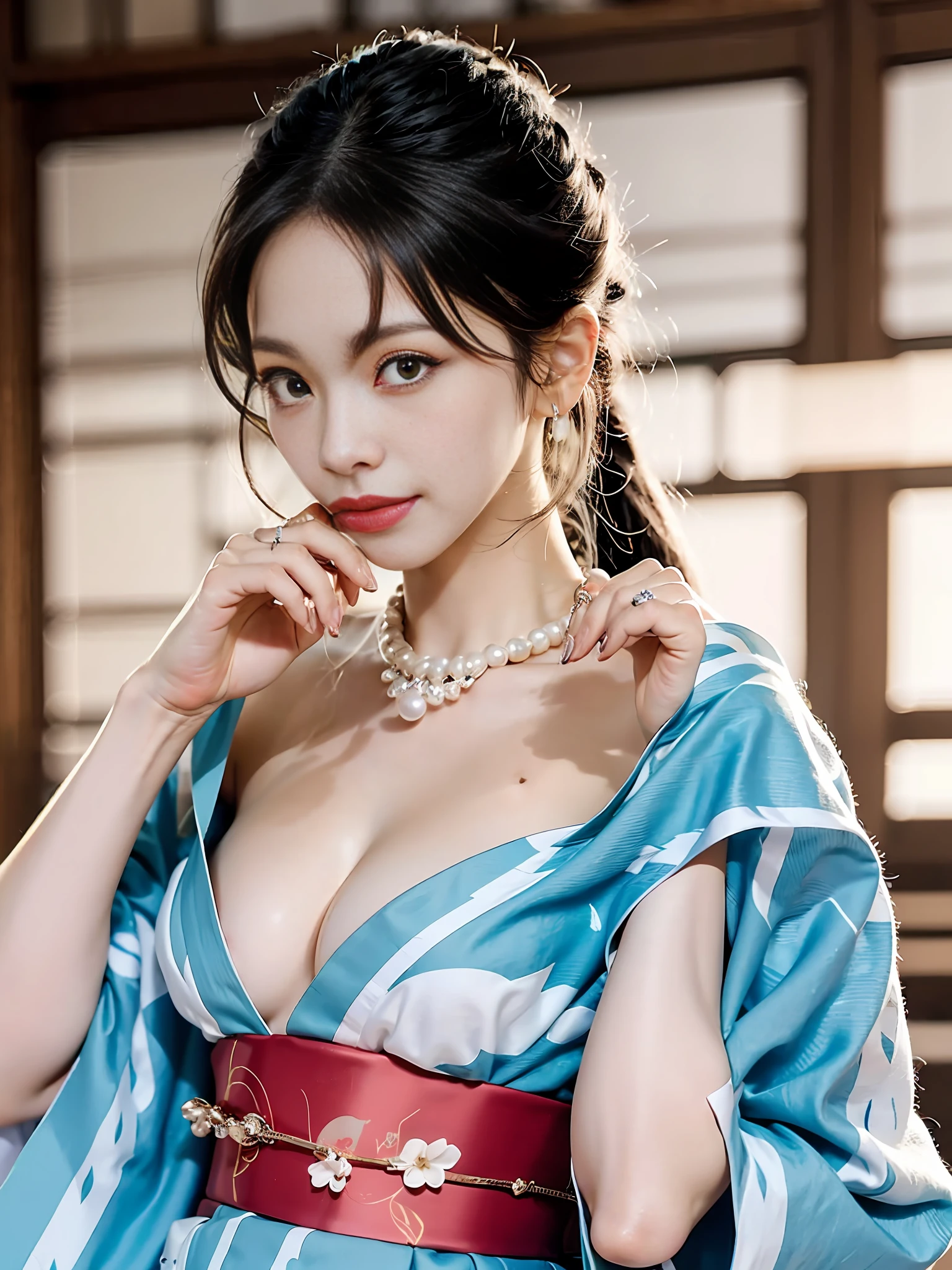 FS, Beautiful bedroom interior, Bed, beautiful russian geisha, (open yukata kimono to nipple tip: 0.7), sfw, take off clothes, (nipple tip), UHD, 32k, reality, photo, real, albino, bright blue eyes  , blue earrings, jewelry, pearl necklace, collar, seductive smile, extremely beautiful eyes, delicate perfect face, perfect hand, maximum precision, precise perfect human body structure, appeal to the audience, skin moisturizing, dynamic angle