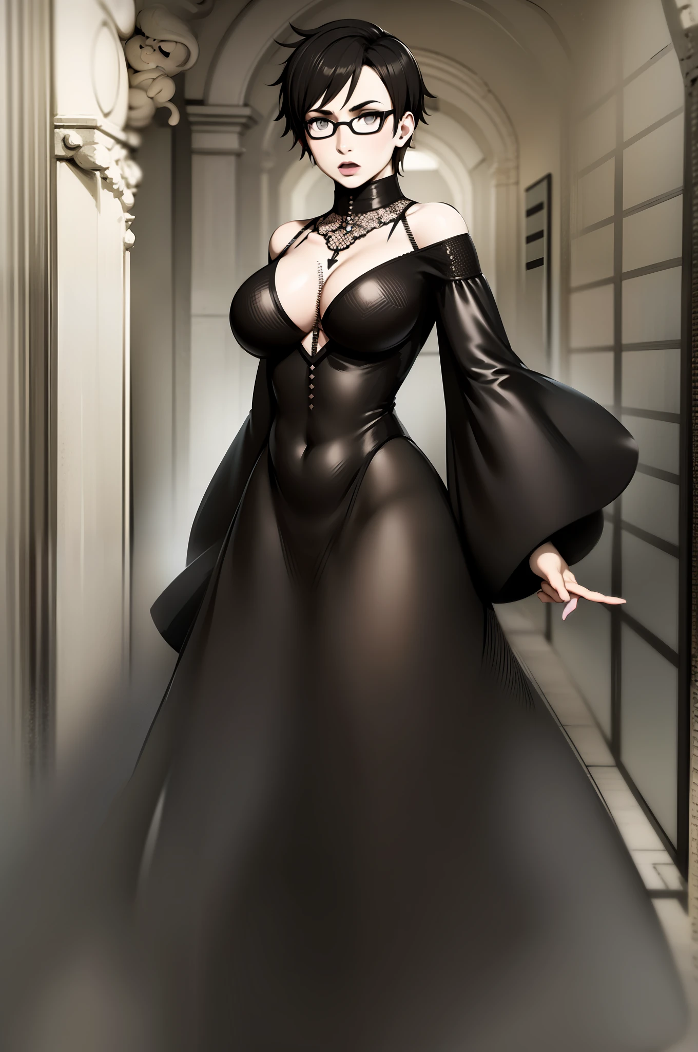 Cheveux courts, long robe, chiffons noirs, tomboy, cheveux noirs, maquillage, Goth, verre,sein moyen, christian, Croix latine, seul, forest, full clothed, victorian cloths, long skirt